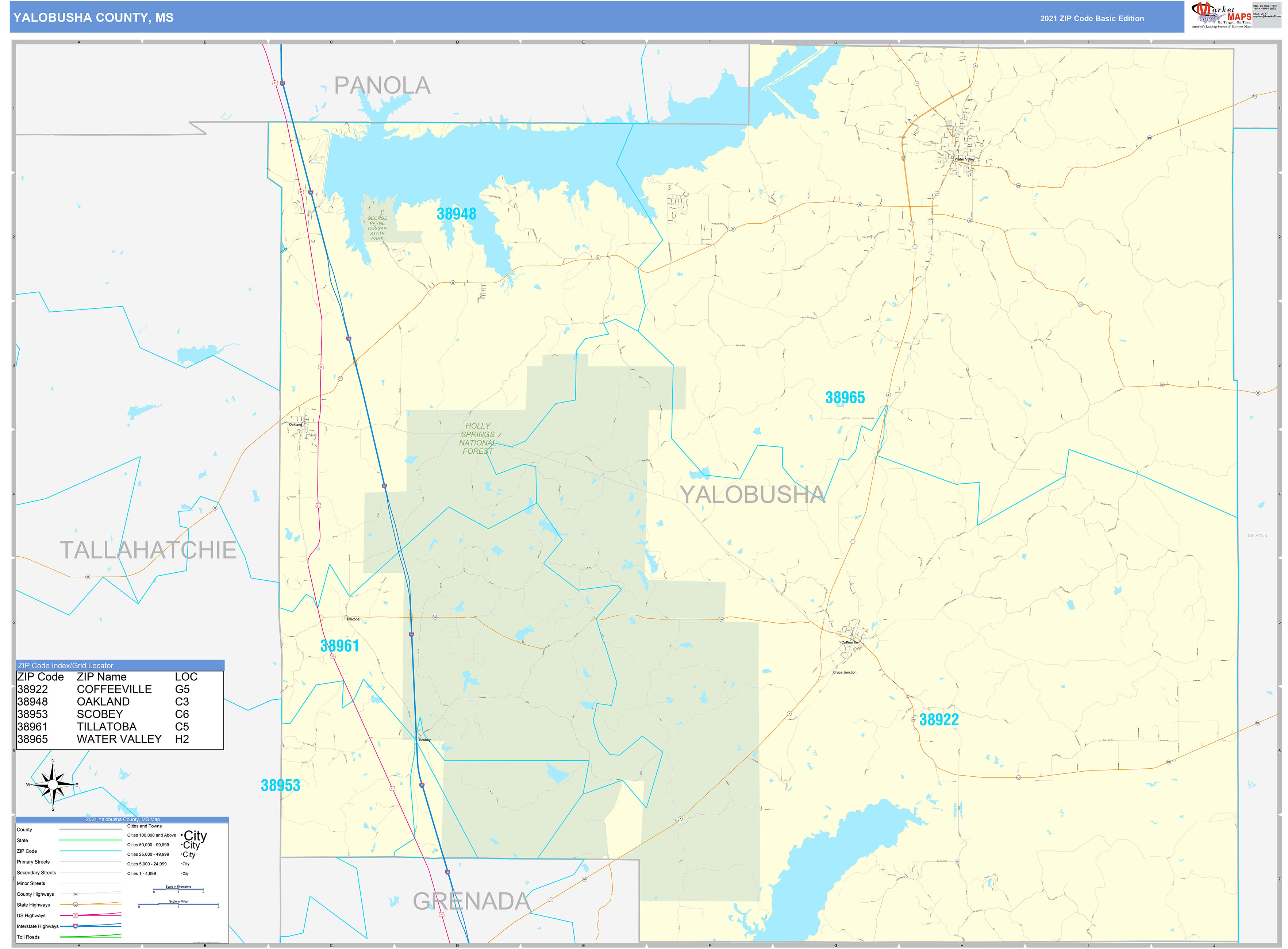 Yalobusha County, MS Zip Code Wall Map Basic Style by MarketMAPS