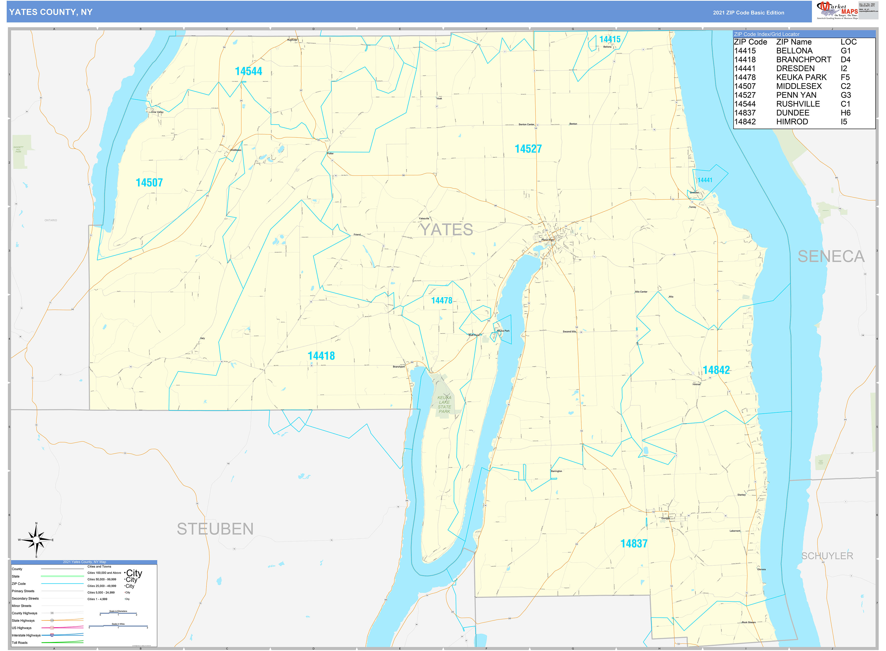 Yates County, NY Zip Code Wall Map Basic Style by MarketMAPS MapSales
