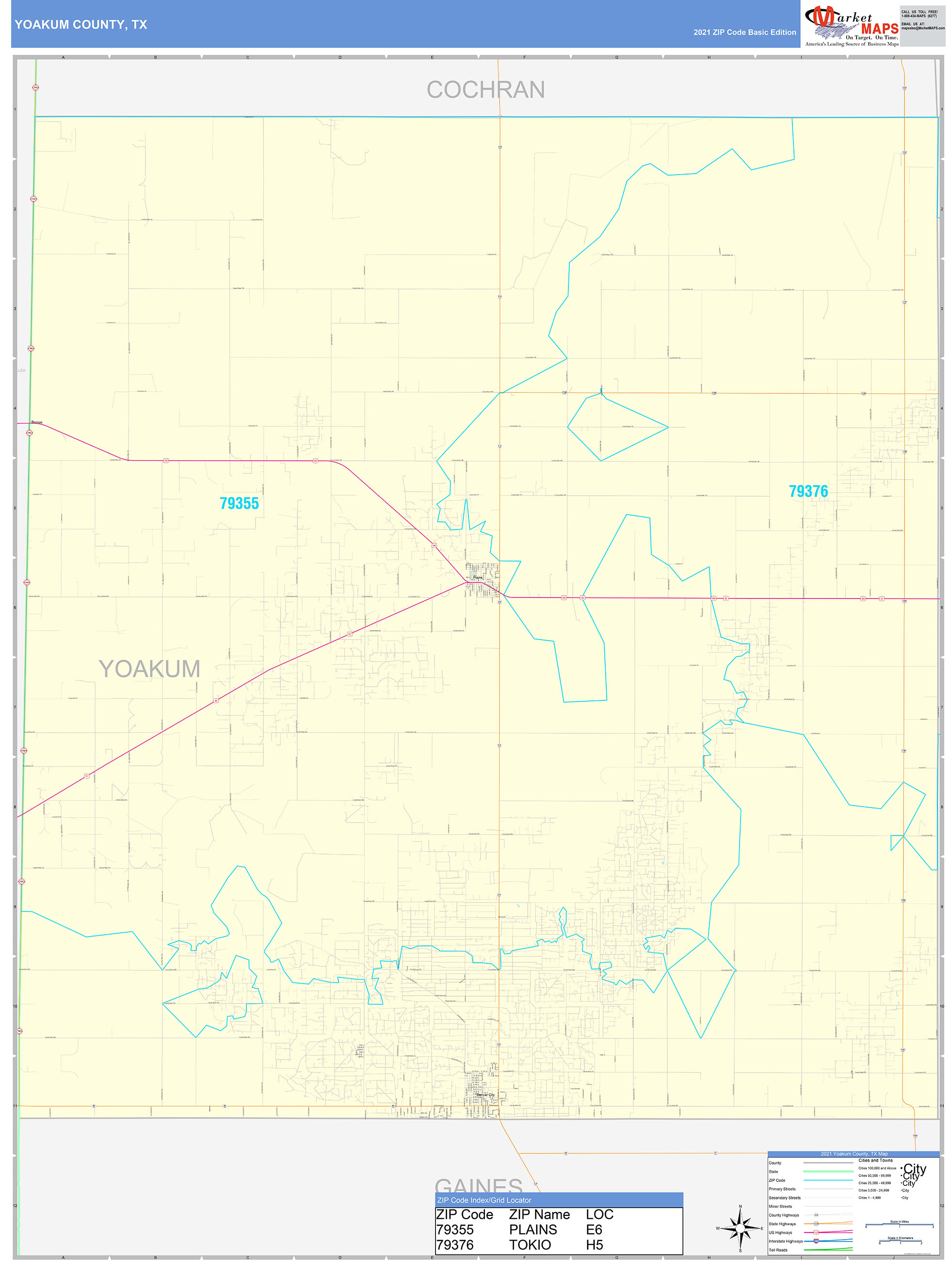 Yoakum County, TX Zip Code Wall Map Basic Style by MarketMAPS