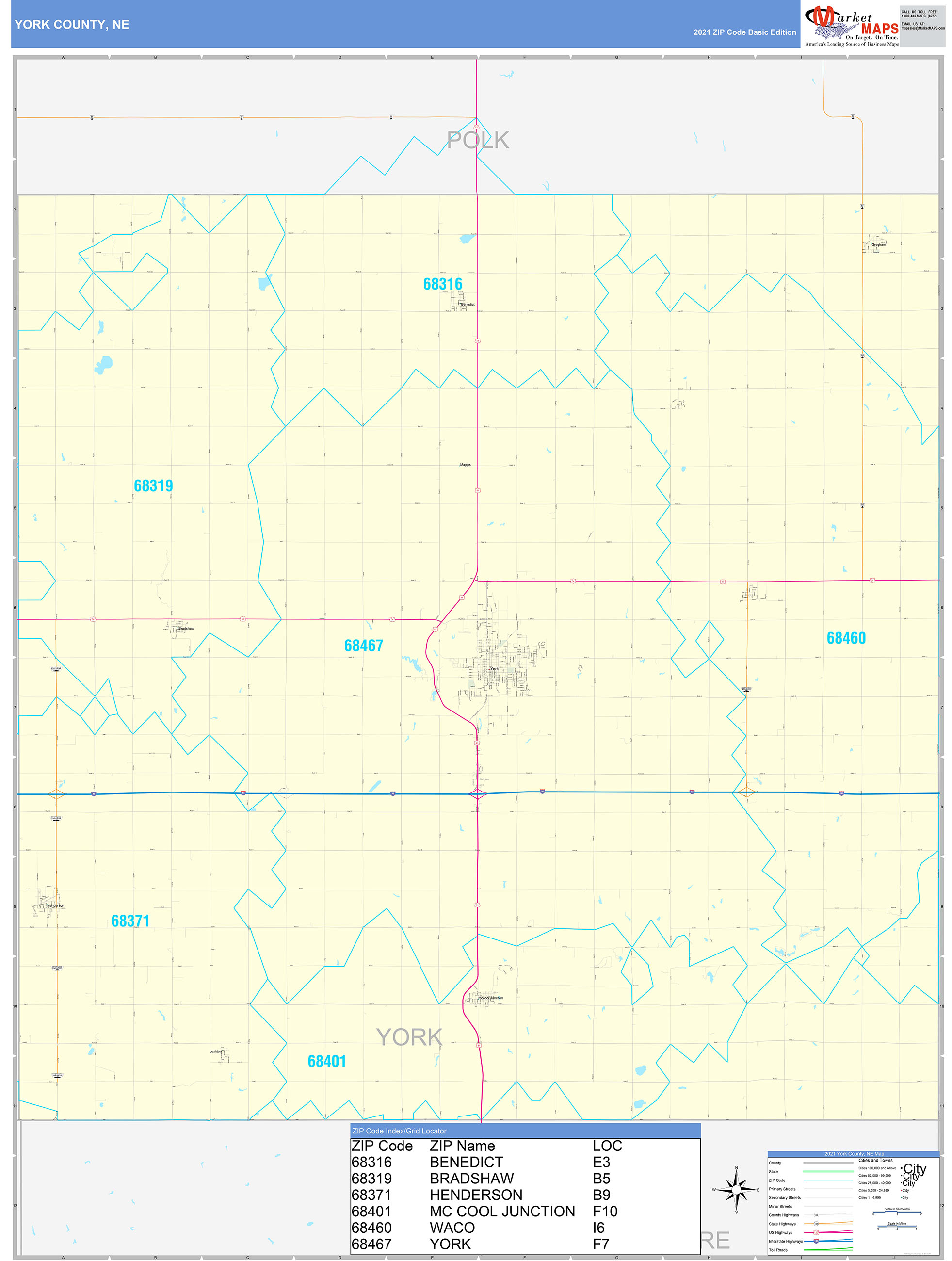 York County, NE Zip Code Wall Map Basic Style by MarketMAPS MapSales