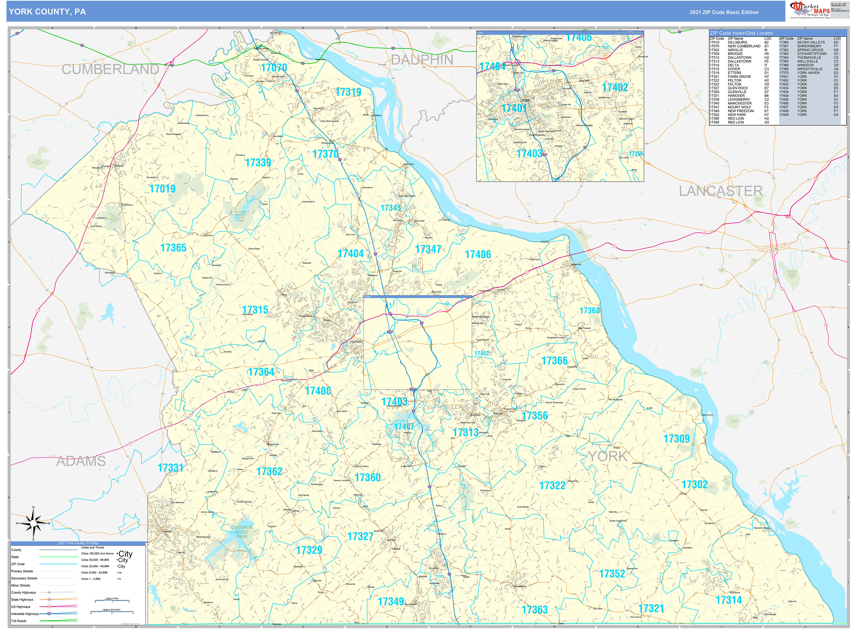 York County, PA Zip Code Wall Map Basic Style by MarketMAPS MapSales
