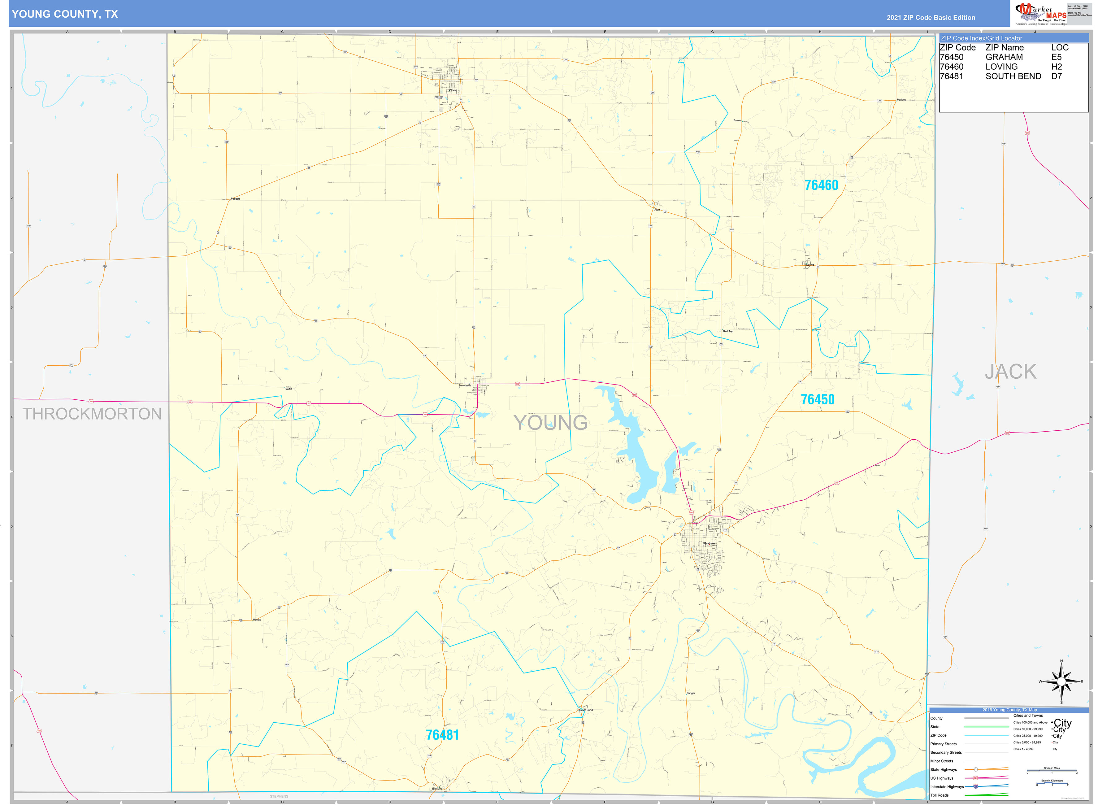 Young County, TX Zip Code Wall Map Basic Style by MarketMAPS
