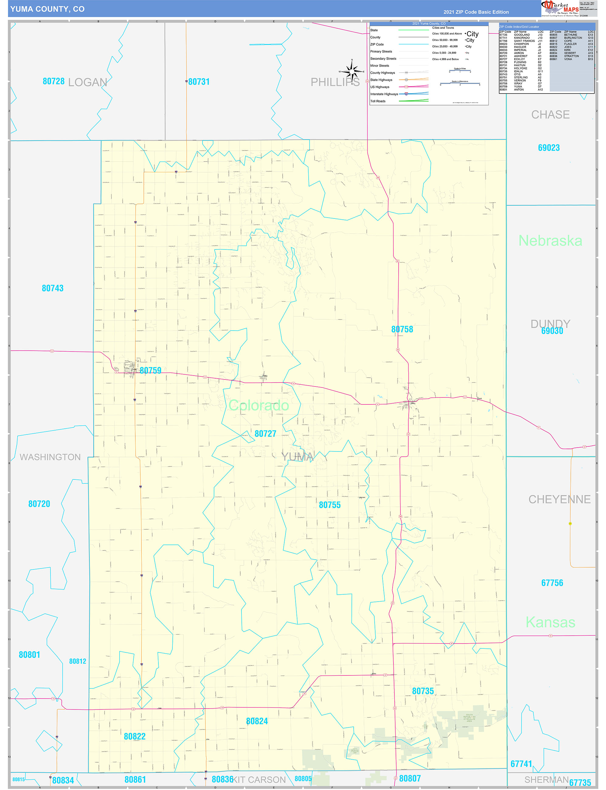 Yuma County, CO Zip Code Wall Map Basic Style by MarketMAPS MapSales