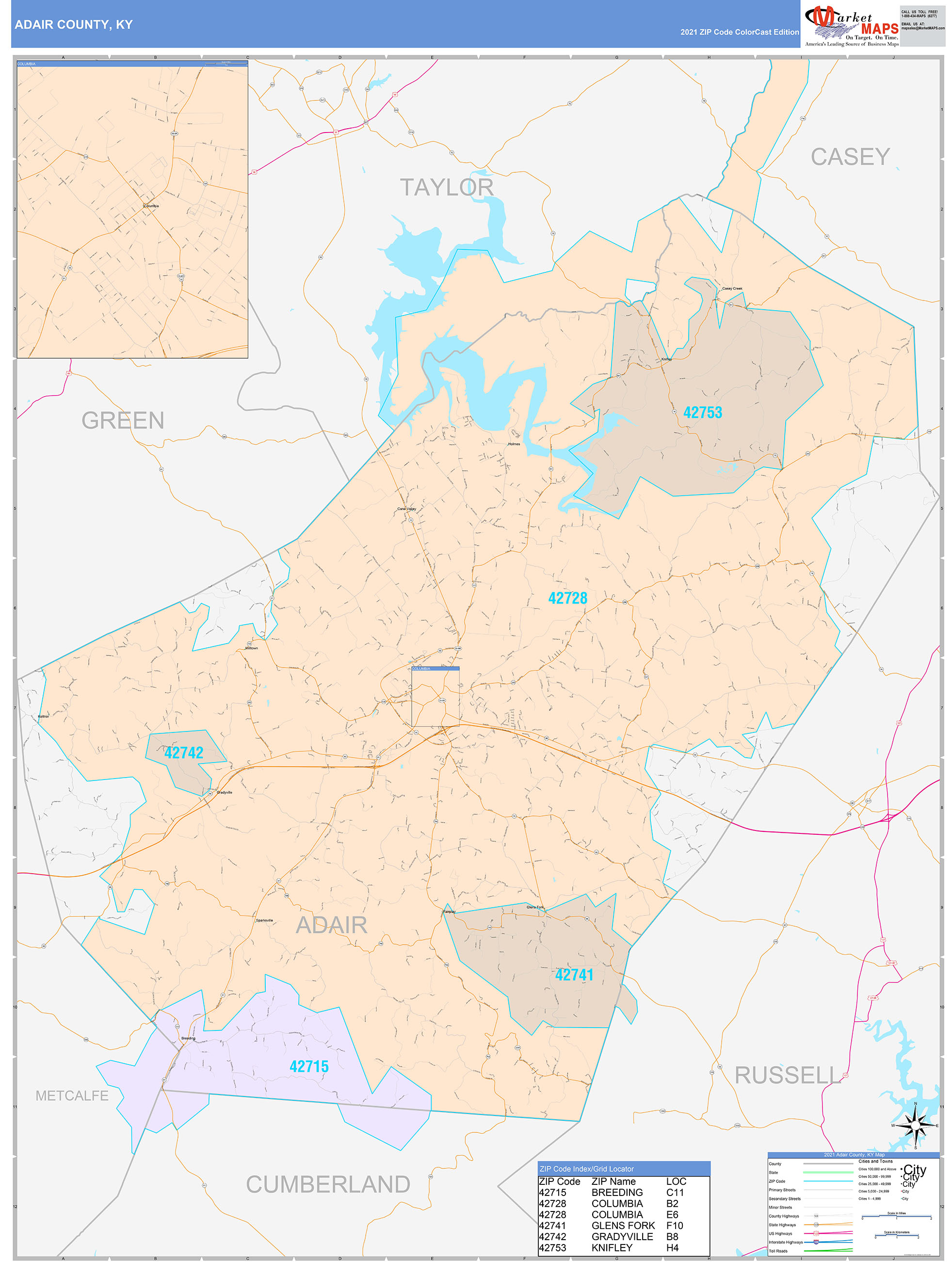 Adair County, KY Wall Map Color Cast Style by MarketMAPS