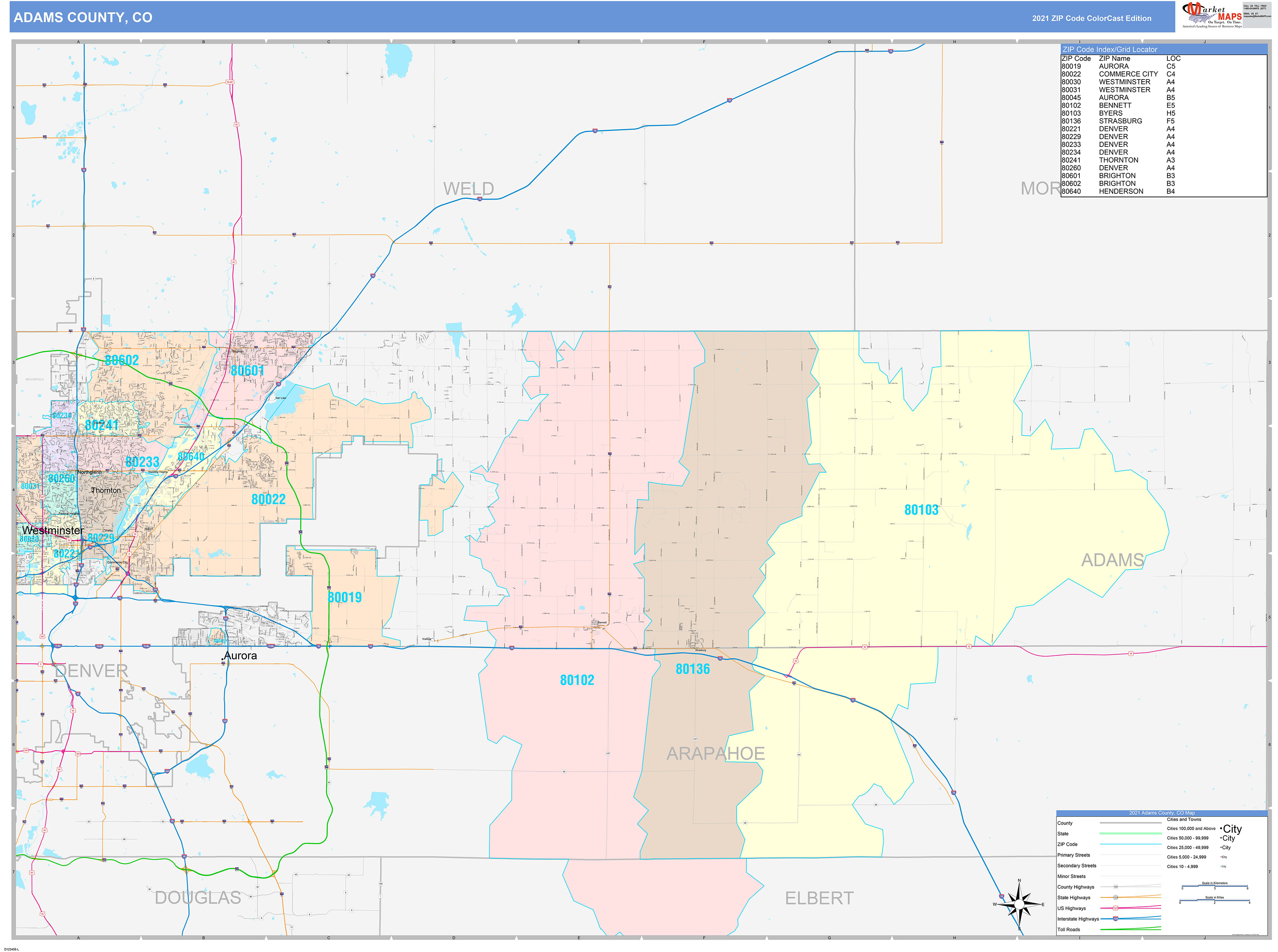 Adams County Co Wall Map Color Cast Style By Marketmaps Mapsales