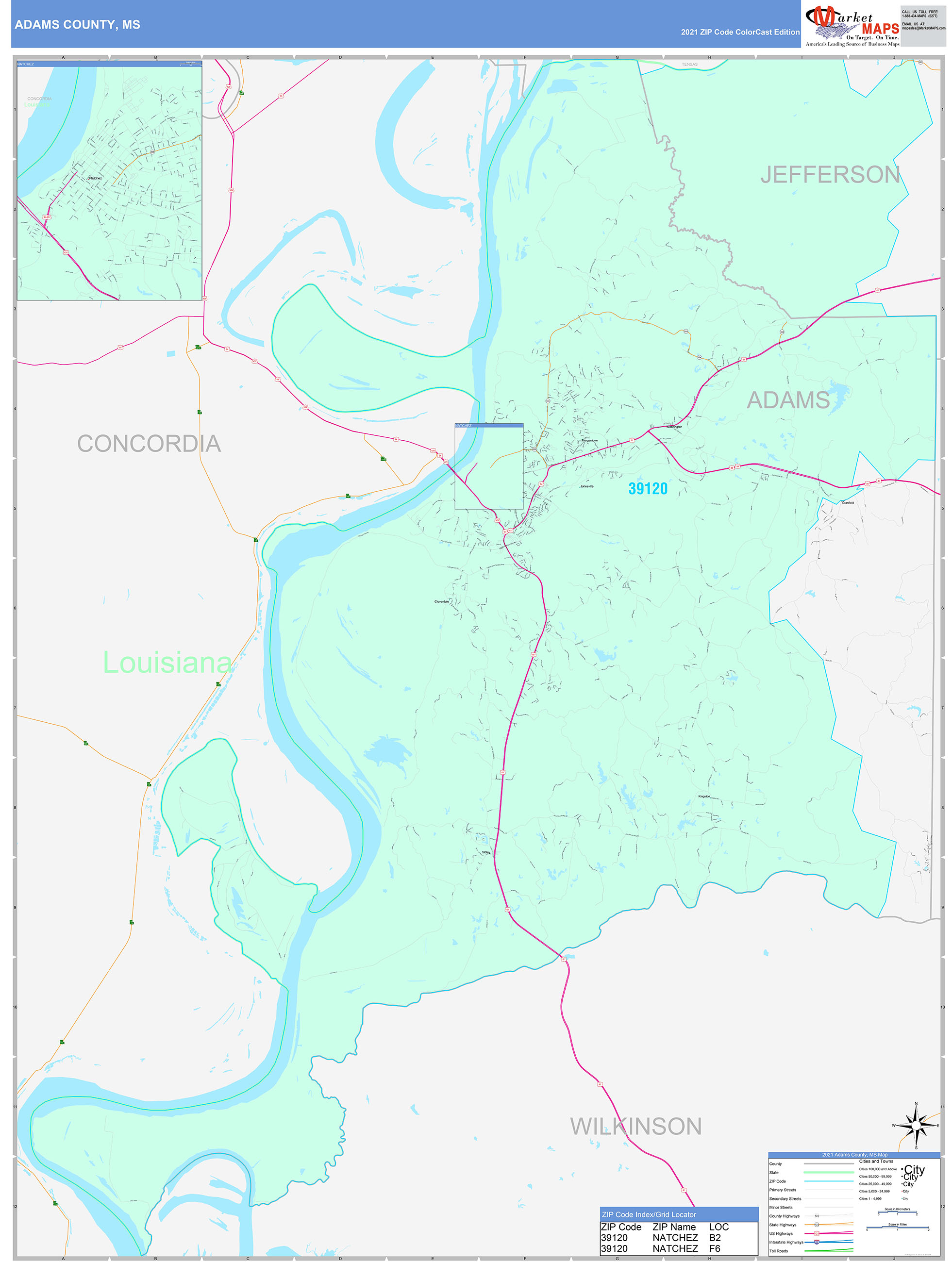 Adams County, MS Wall Map Color Cast Style by MarketMAPS