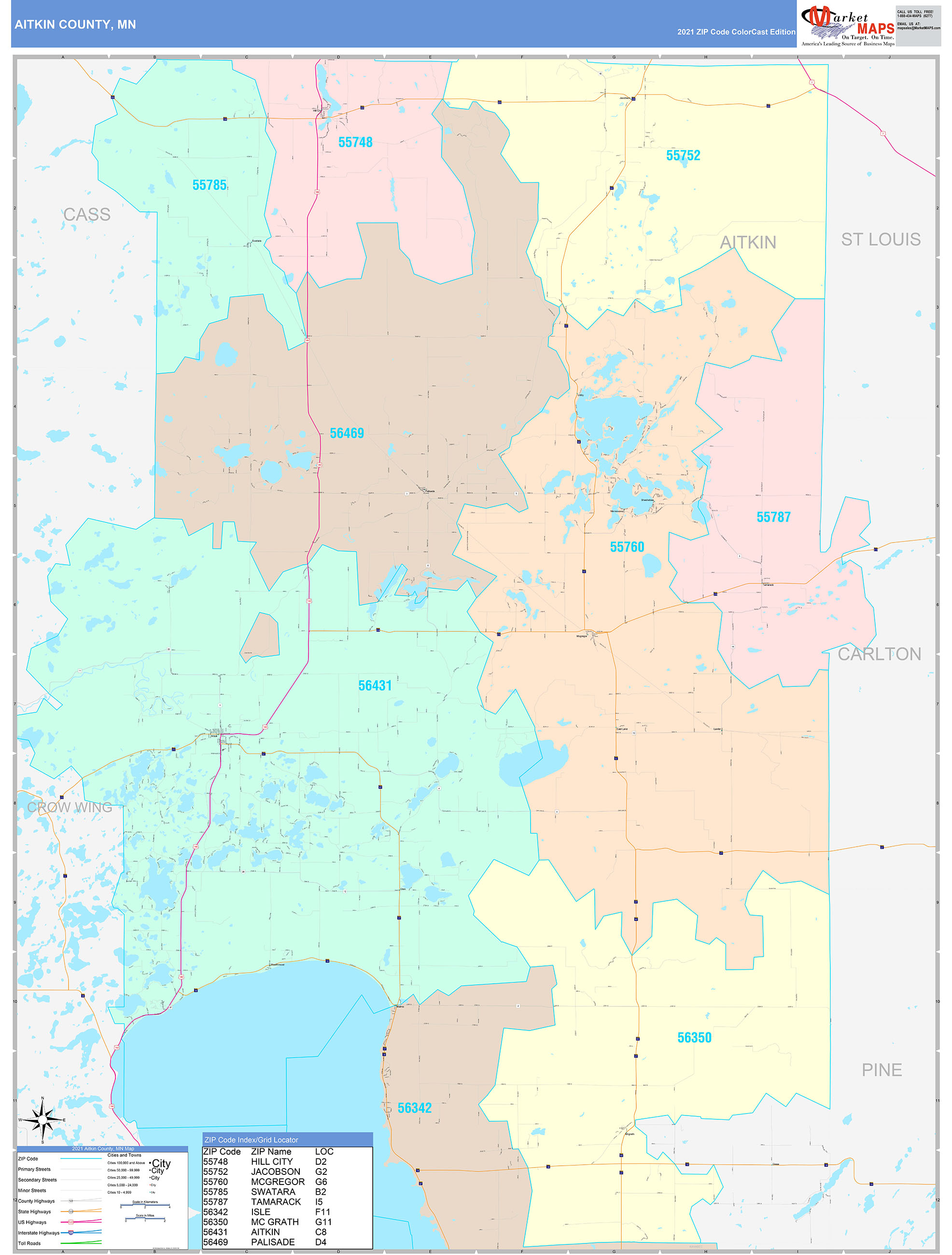 Aitkin County, MN Wall Map Color Cast Style by MarketMAPS