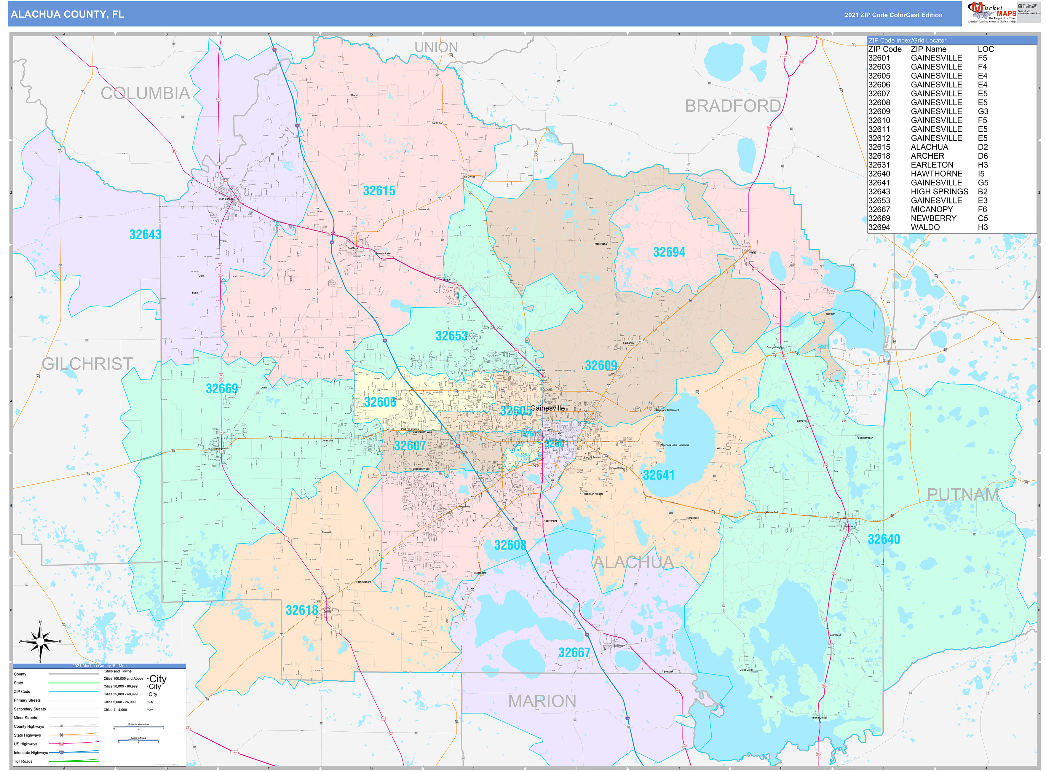 Alachua County, FL Wall Map Color Cast Style by MarketMAPS MapSales