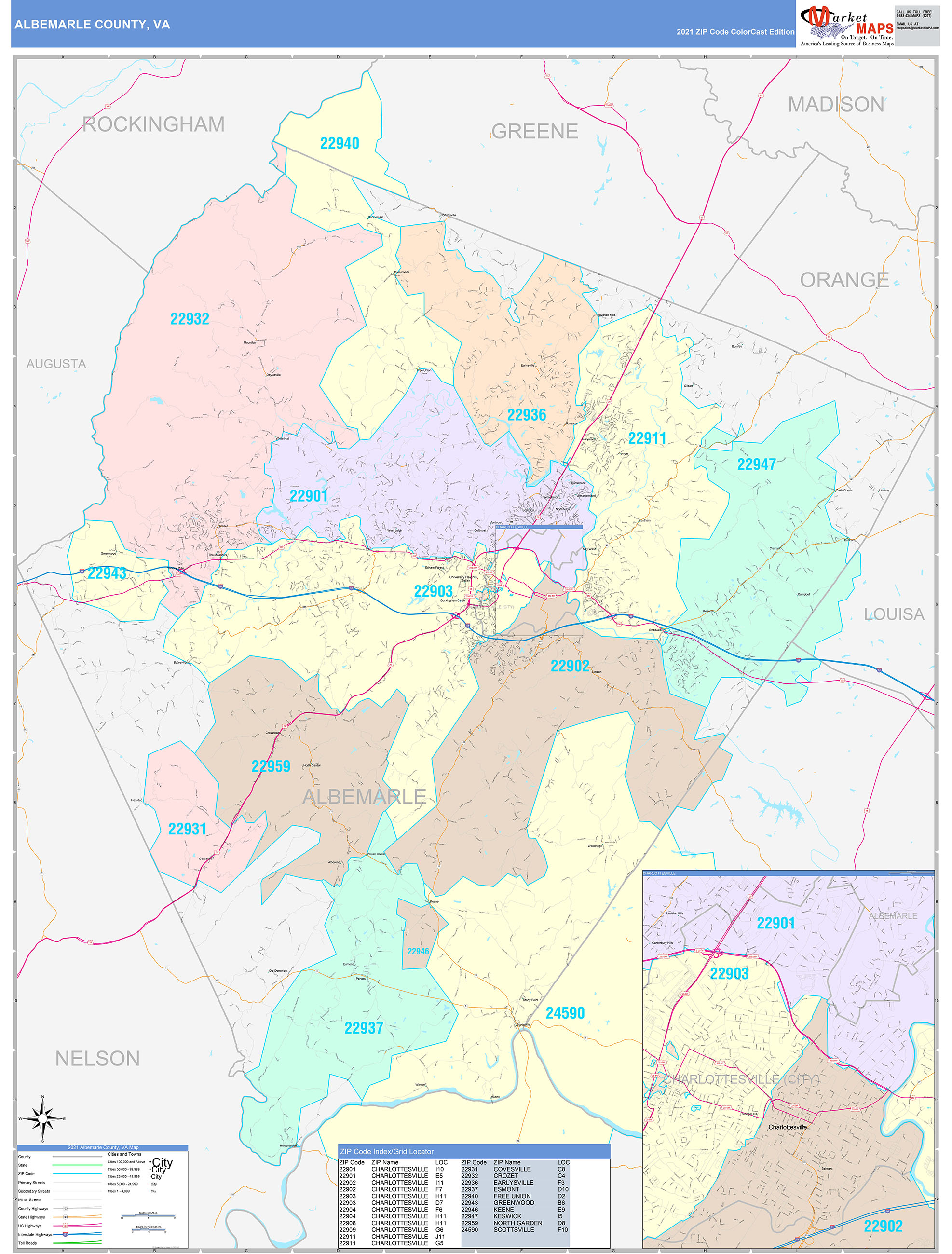 Albemarle County, VA Wall Map Color Cast Style by MarketMAPS