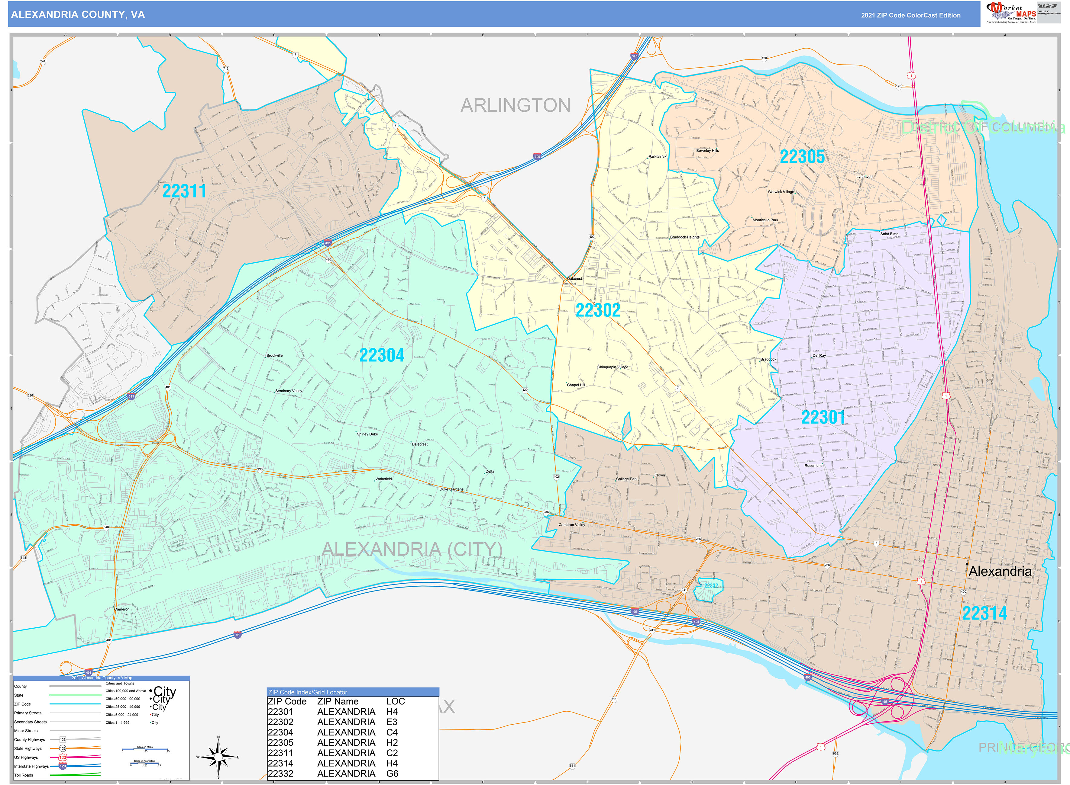Alexandria County, VA Wall Map Color Cast Style by MarketMAPS