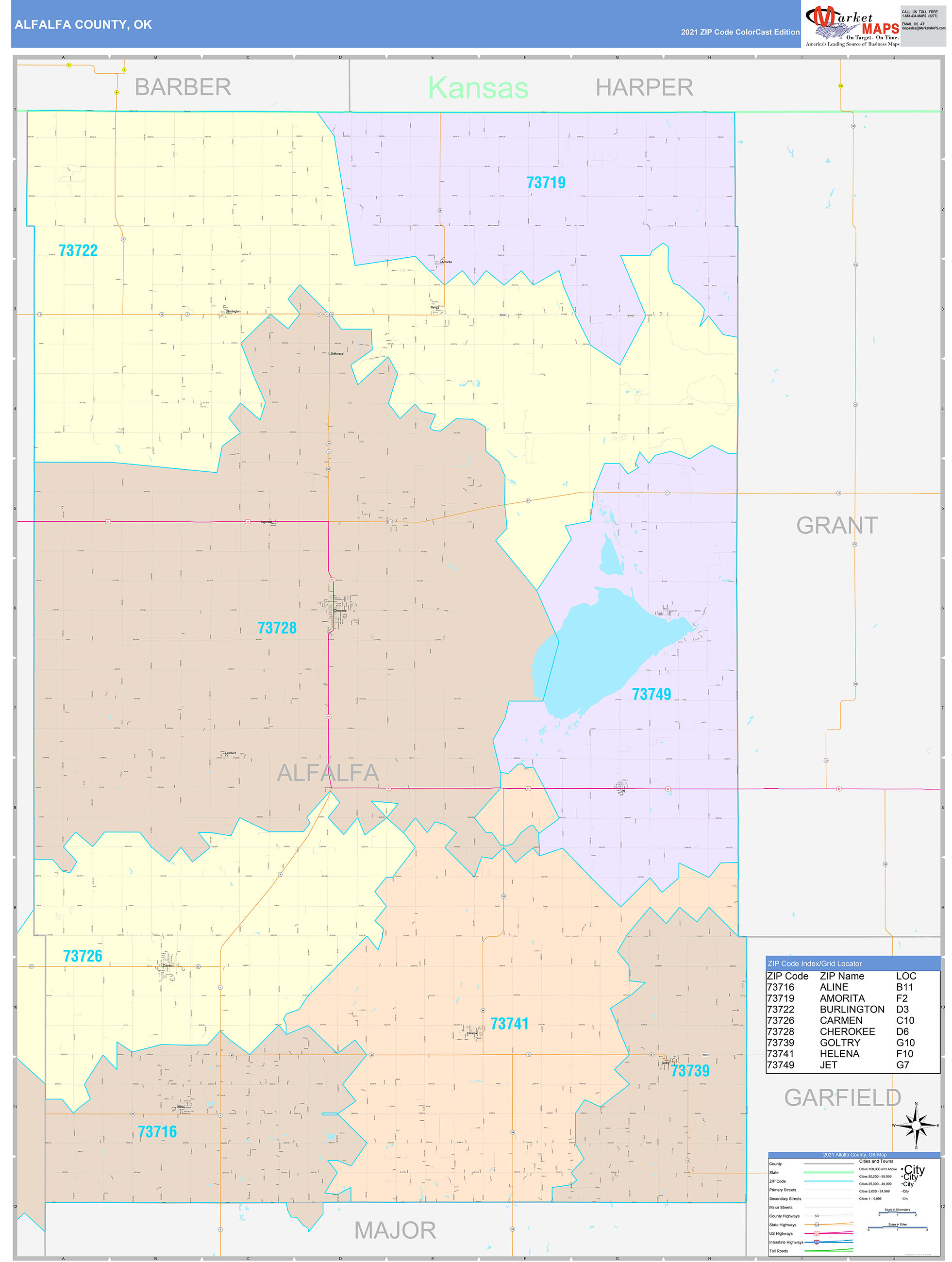 Alfalfa County, OK Wall Map Color Cast Style by MarketMAPS