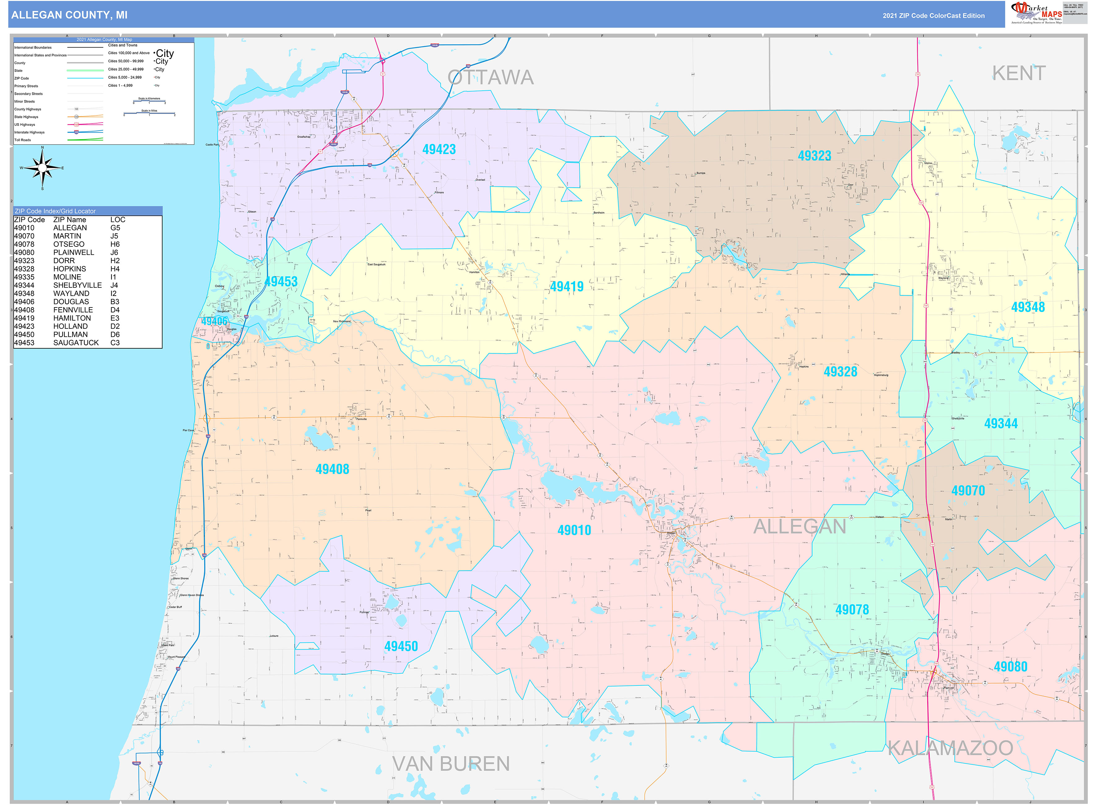 Allegan County, MI Wall Map Color Cast Style by MarketMAPS