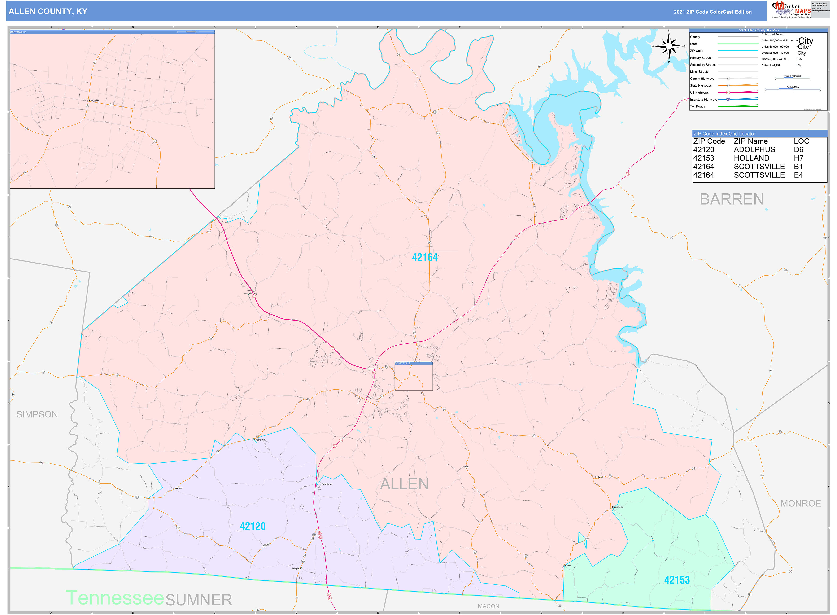 Allen County, KY Wall Map Color Cast Style by MarketMAPS