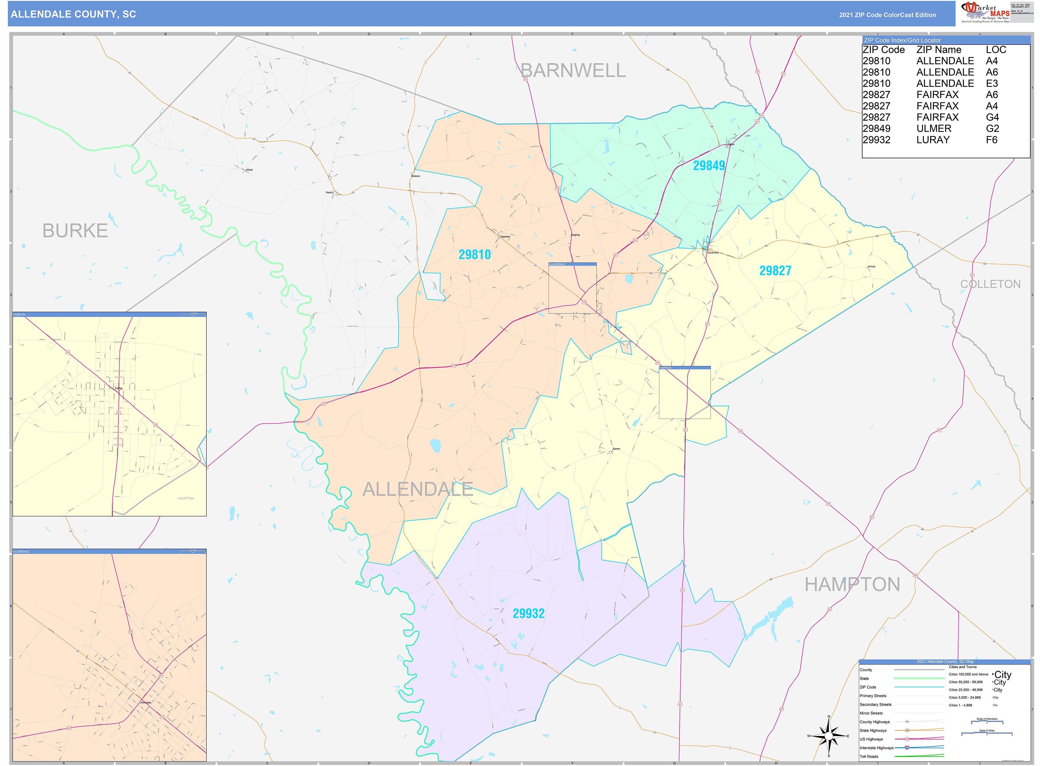 Allendale County, SC Wall Map Color Cast Style by MarketMAPS