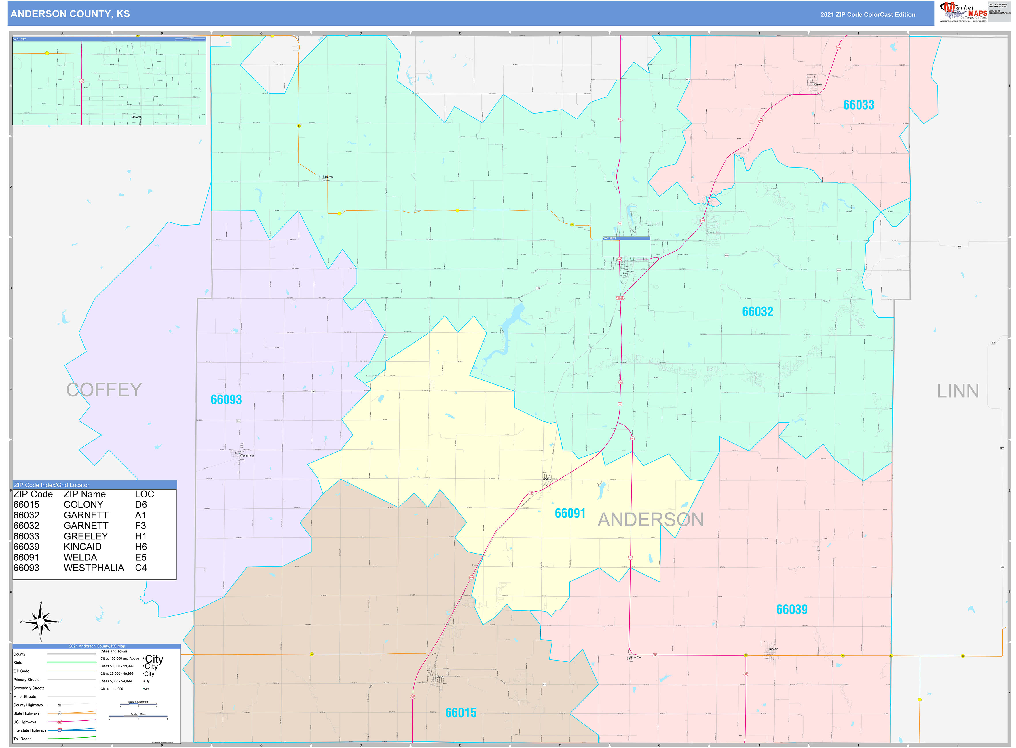 Anderson County, KS Wall Map Color Cast Style by MarketMAPS