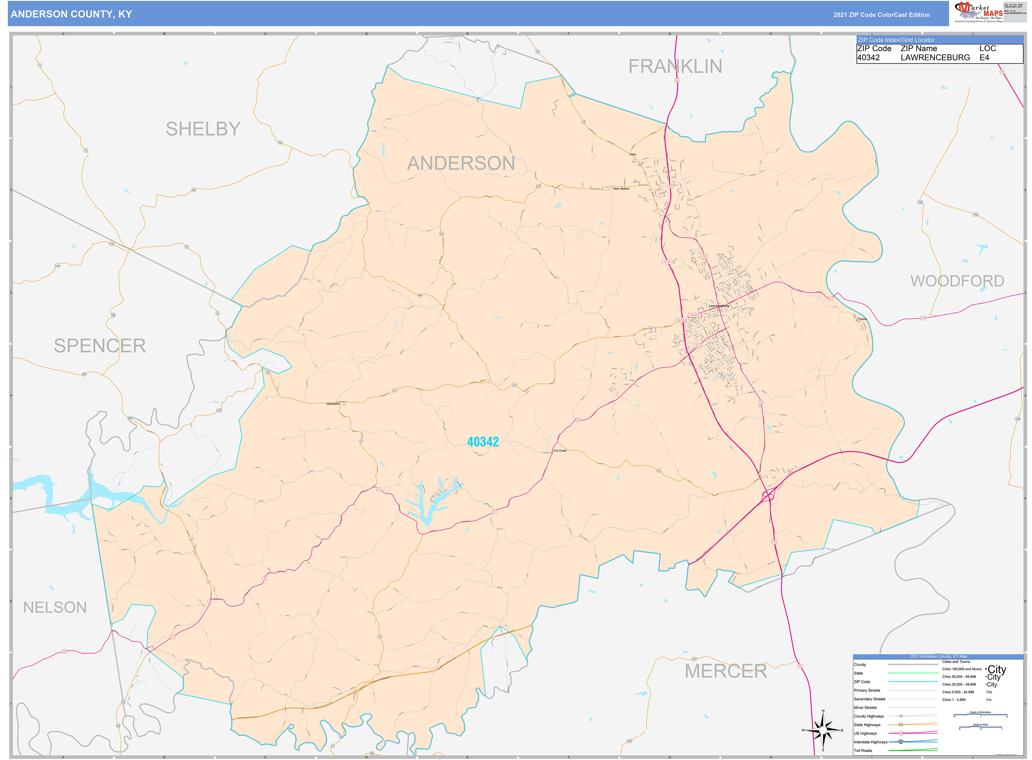 Anderson County, KY Wall Map Color Cast Style by MarketMAPS MapSales