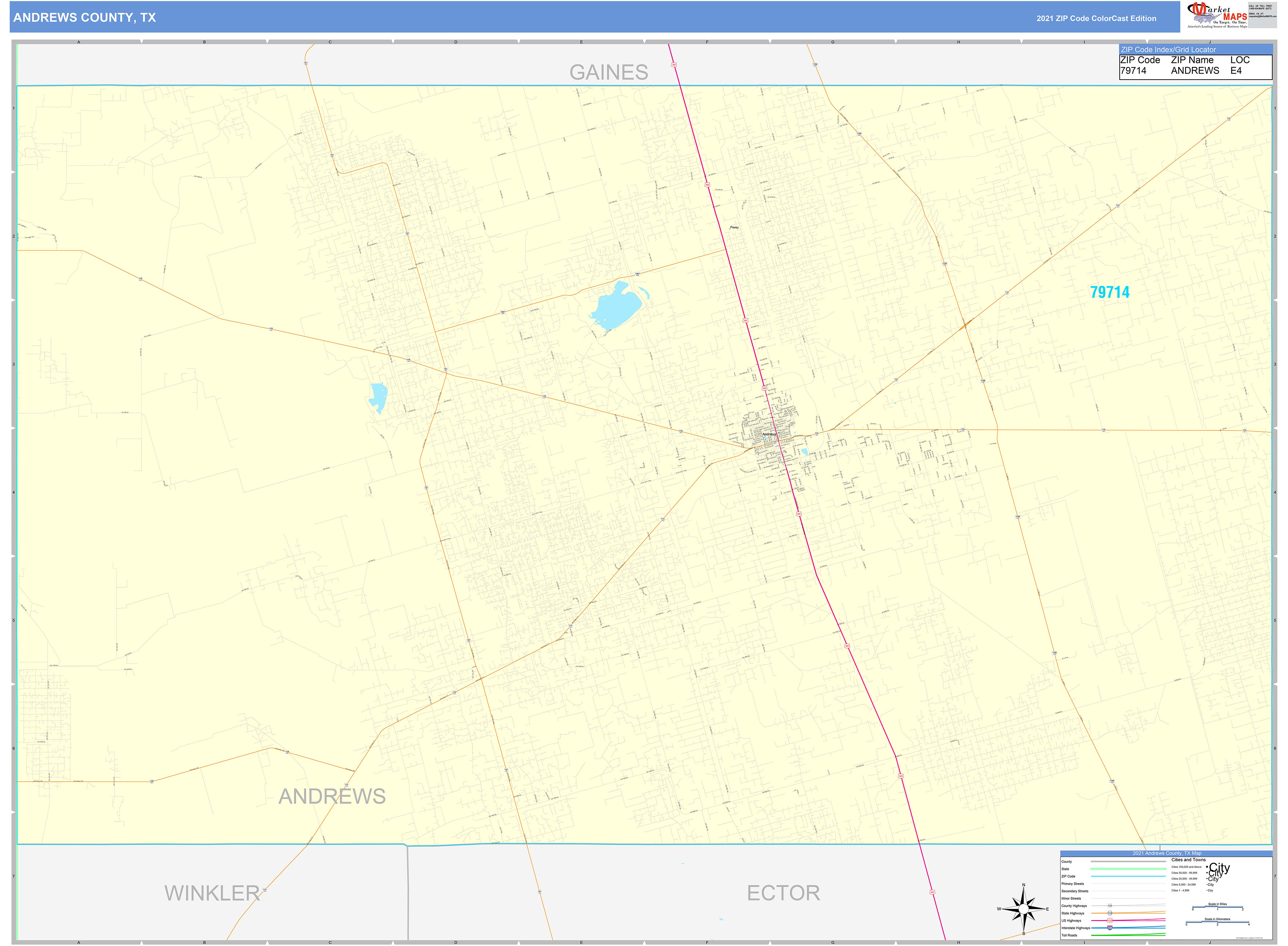 Andrews County, TX Wall Map Color Cast Style by MarketMAPS