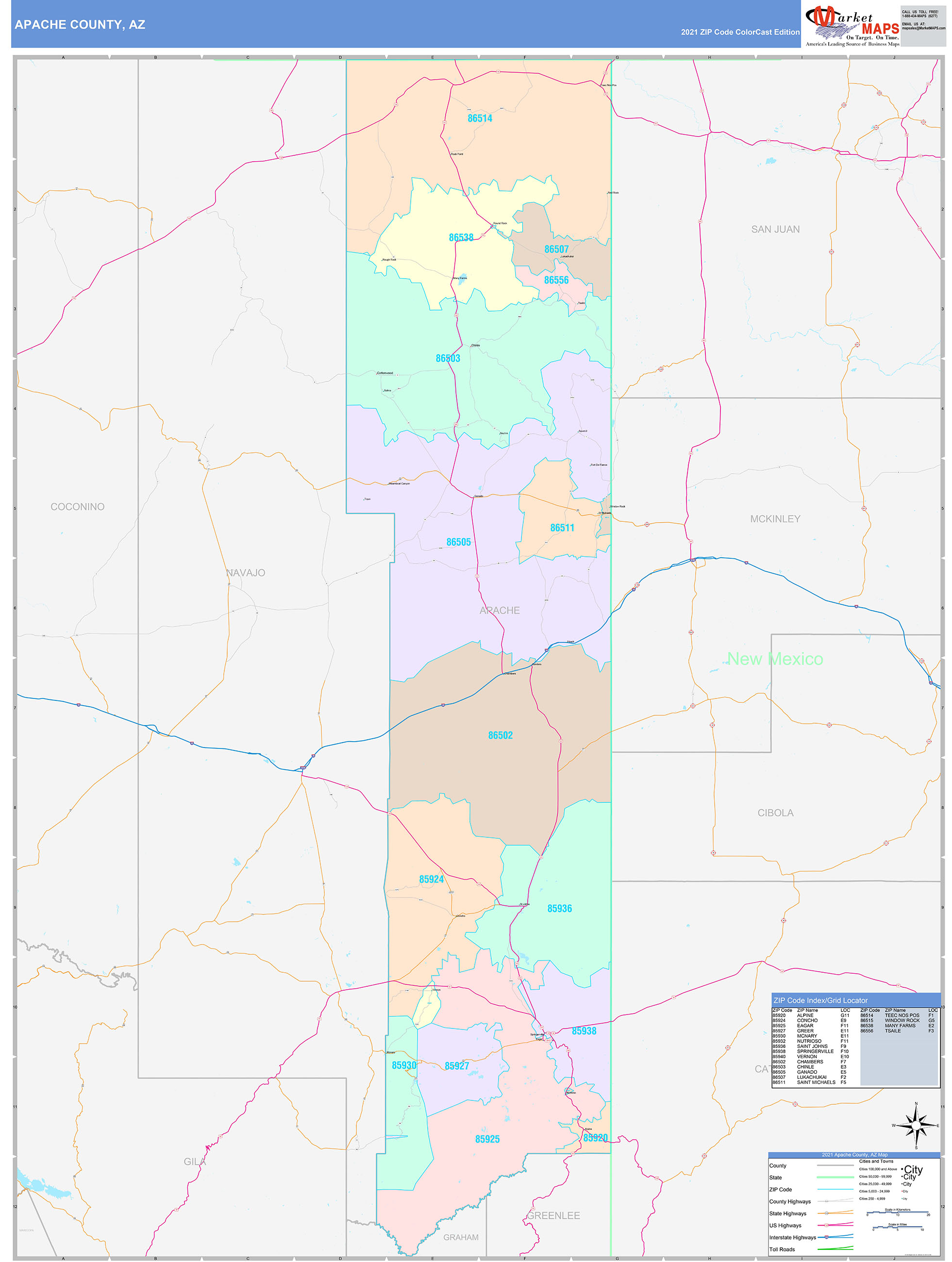 Apache County, AZ Wall Map Color Cast Style by MarketMAPS - MapSales