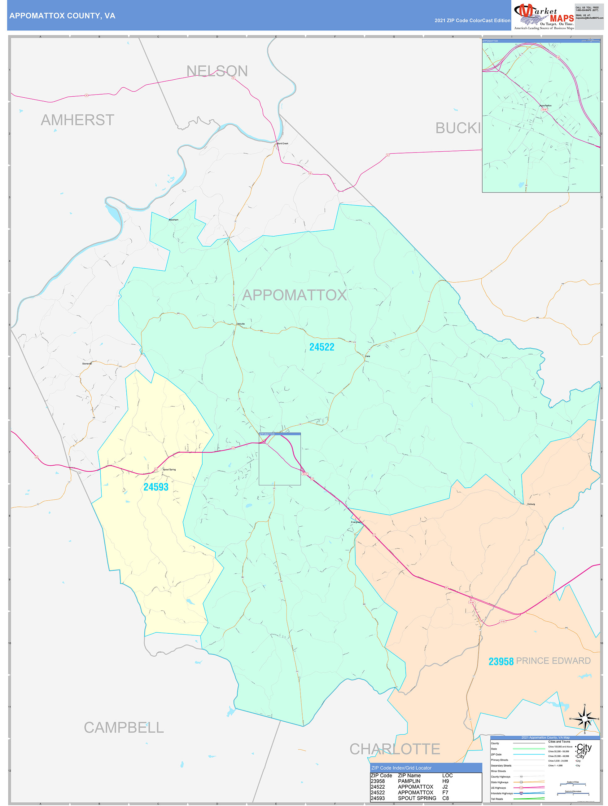 Appomattox County, VA Wall Map Color Cast Style by MarketMAPS