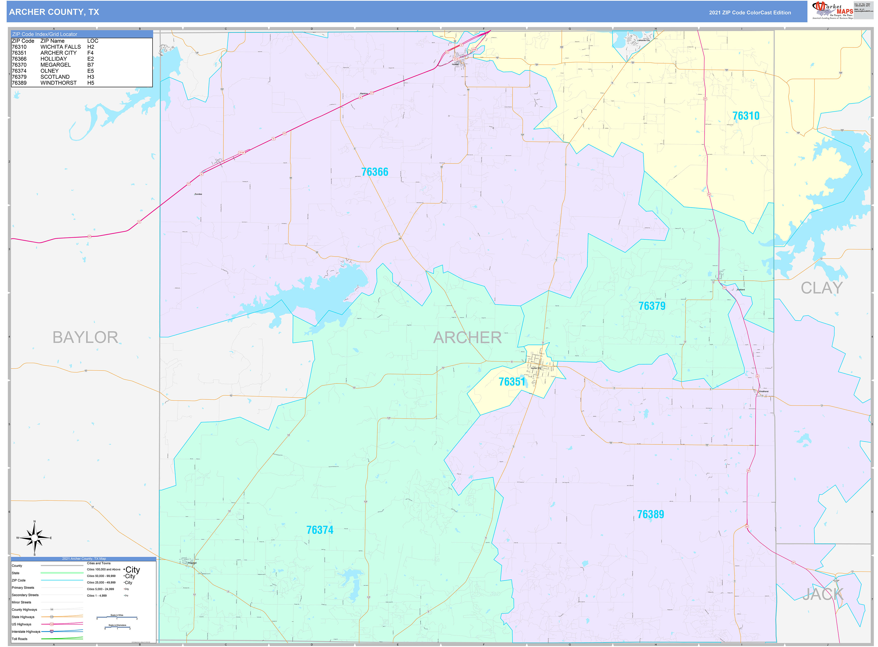Archer County, TX Wall Map Color Cast Style by MarketMAPS