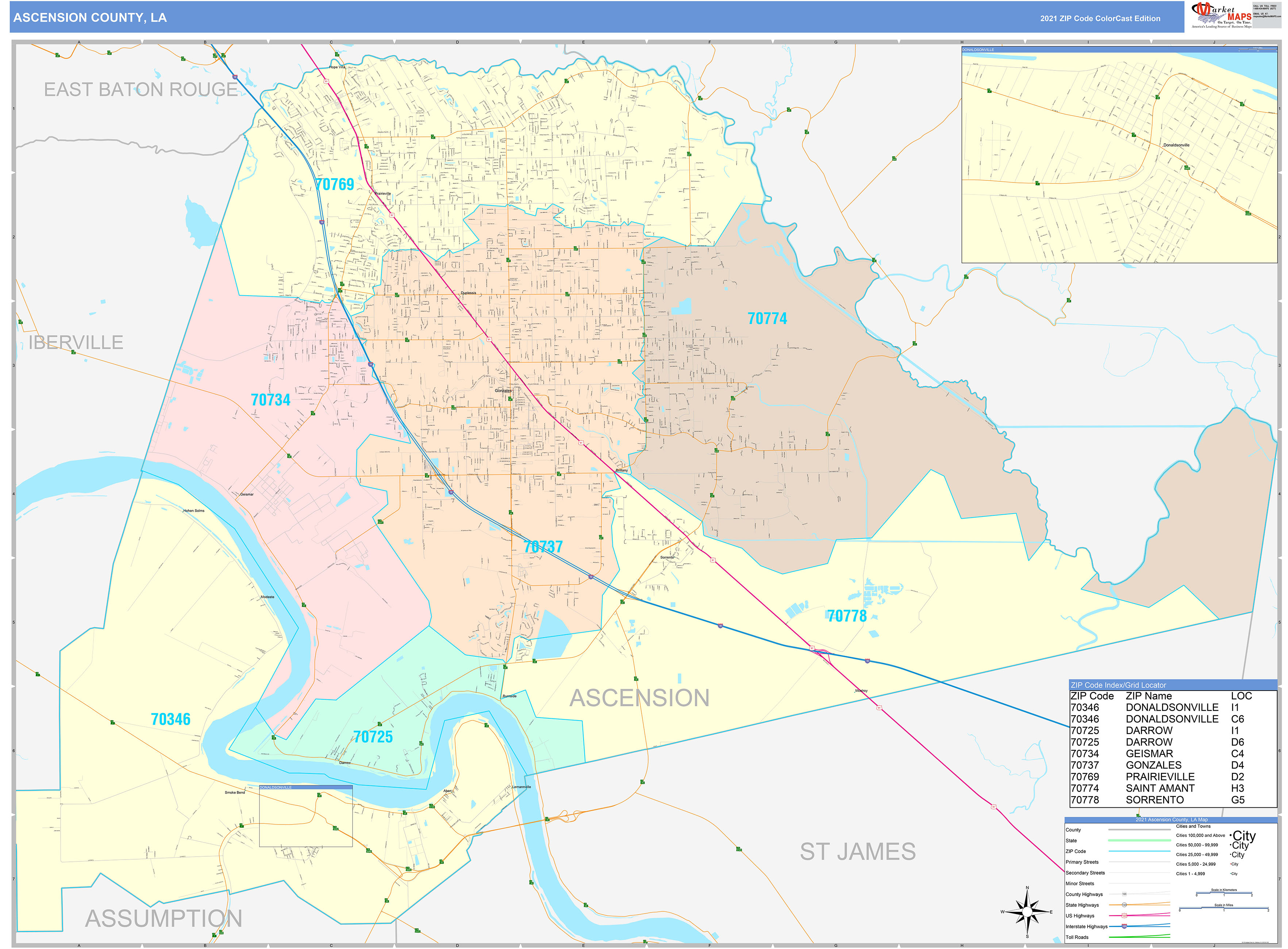 Ascension County, LA Wall Map Color Cast Style by MarketMAPS