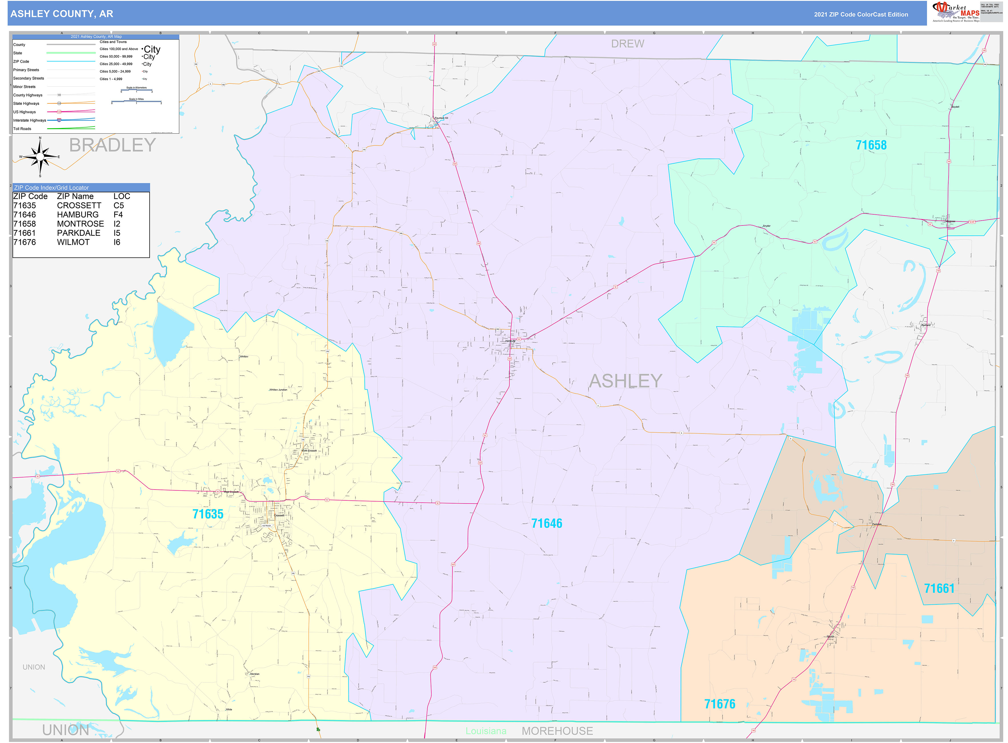 Ashley County, AR Wall Map Color Cast Style by MarketMAPS