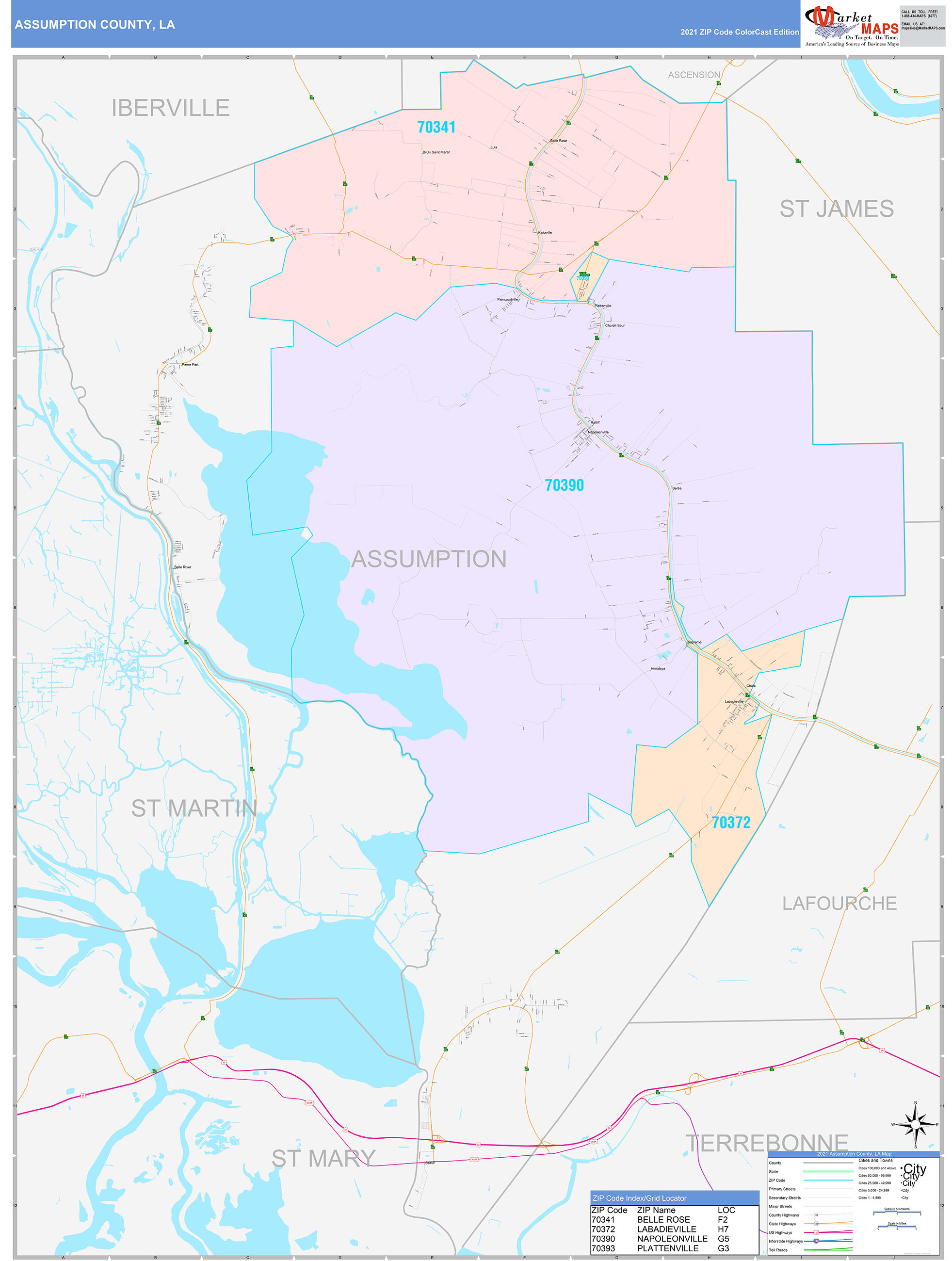 Assumption County, LA Wall Map Color Cast Style by MarketMAPS