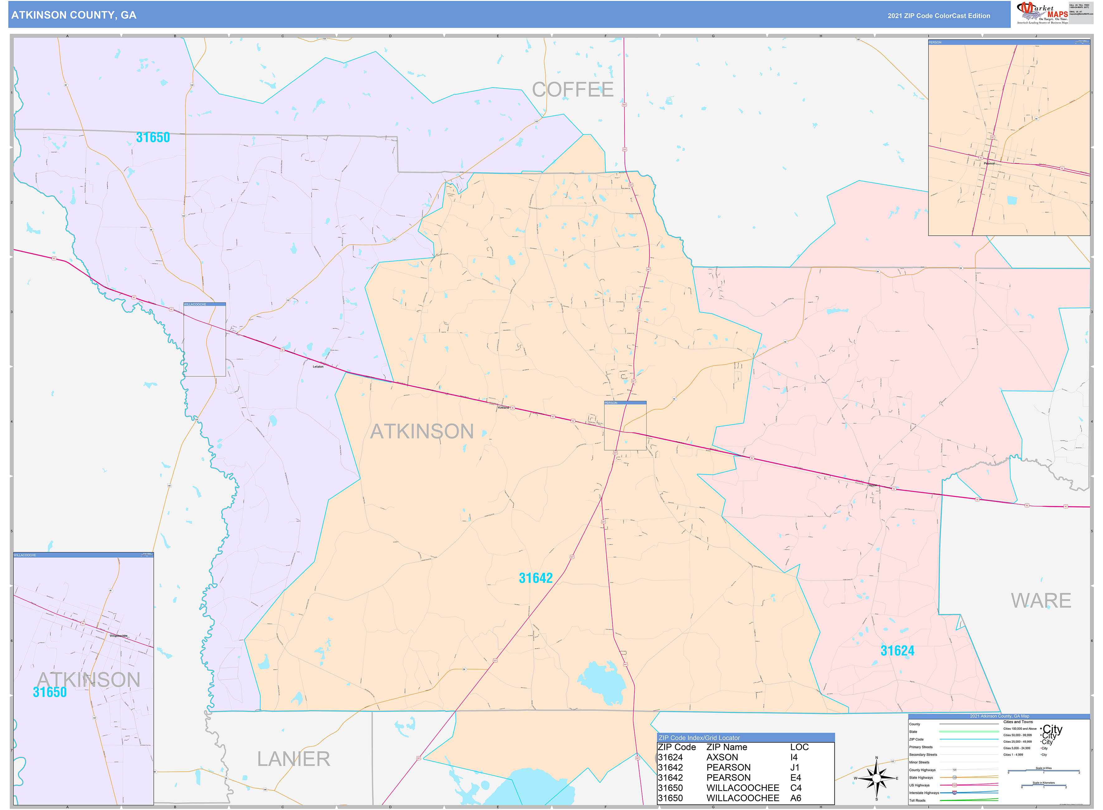 Atkinson County, GA Wall Map Color Cast Style by MarketMAPS
