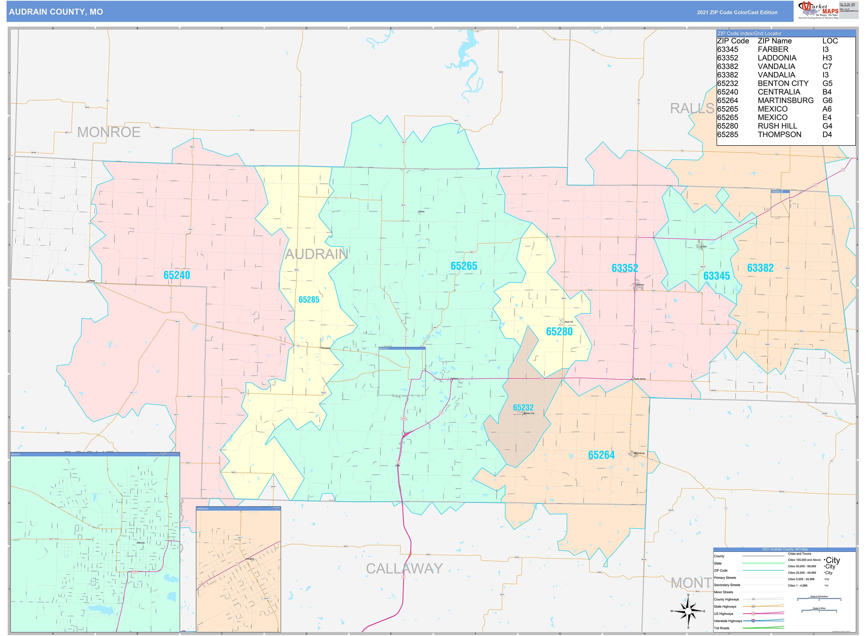 Audrain County, MO Wall Map Color Cast Style by MarketMAPS