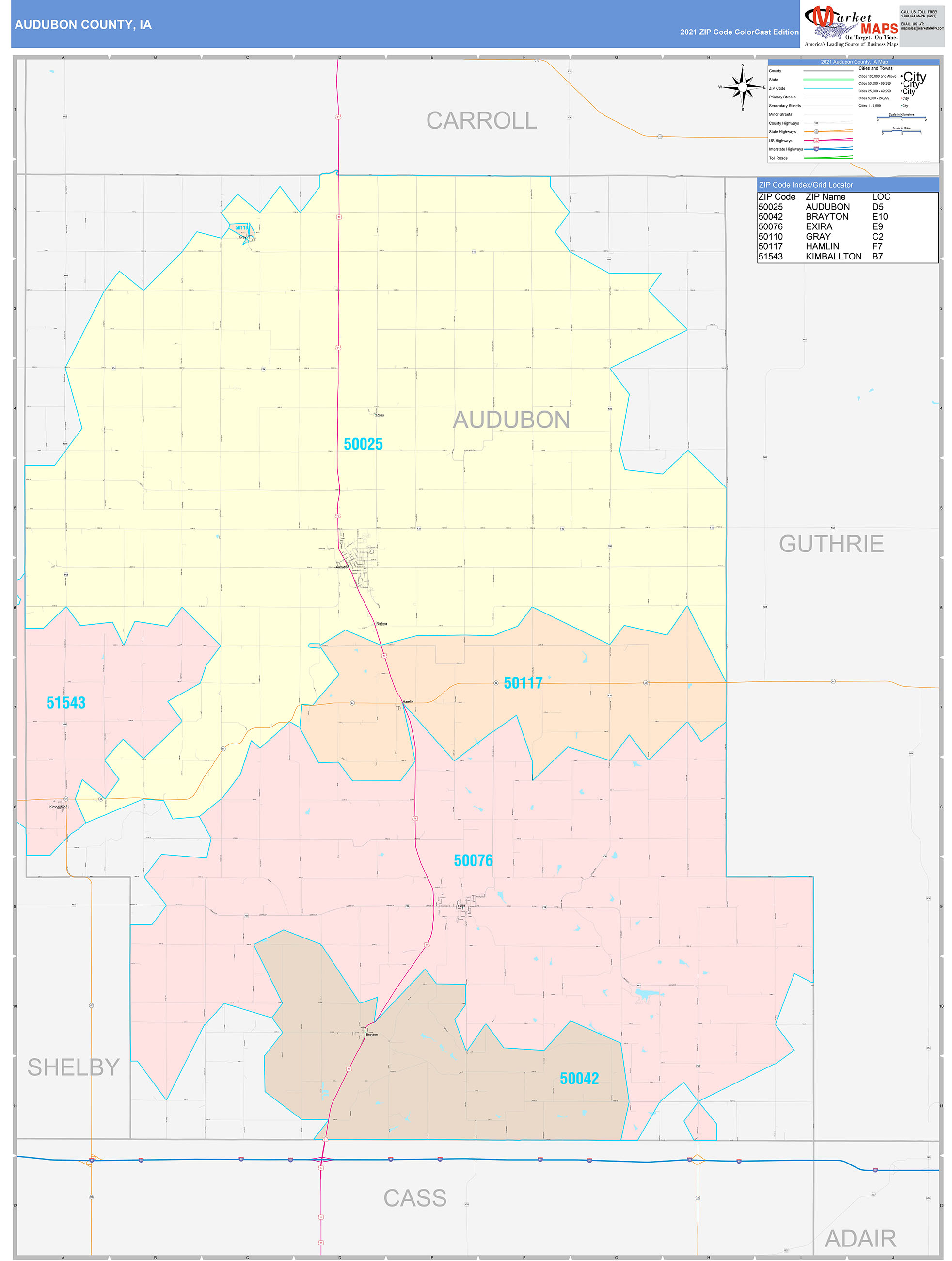 Audubon County, IA Wall Map Color Cast Style by MarketMAPS