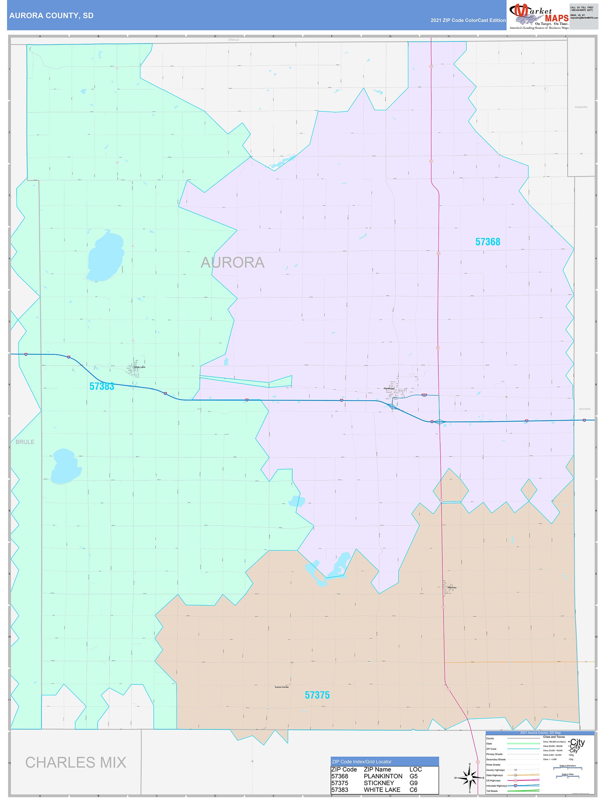 Aurora County, SD Wall Map Color Cast Style by MarketMAPS MapSales