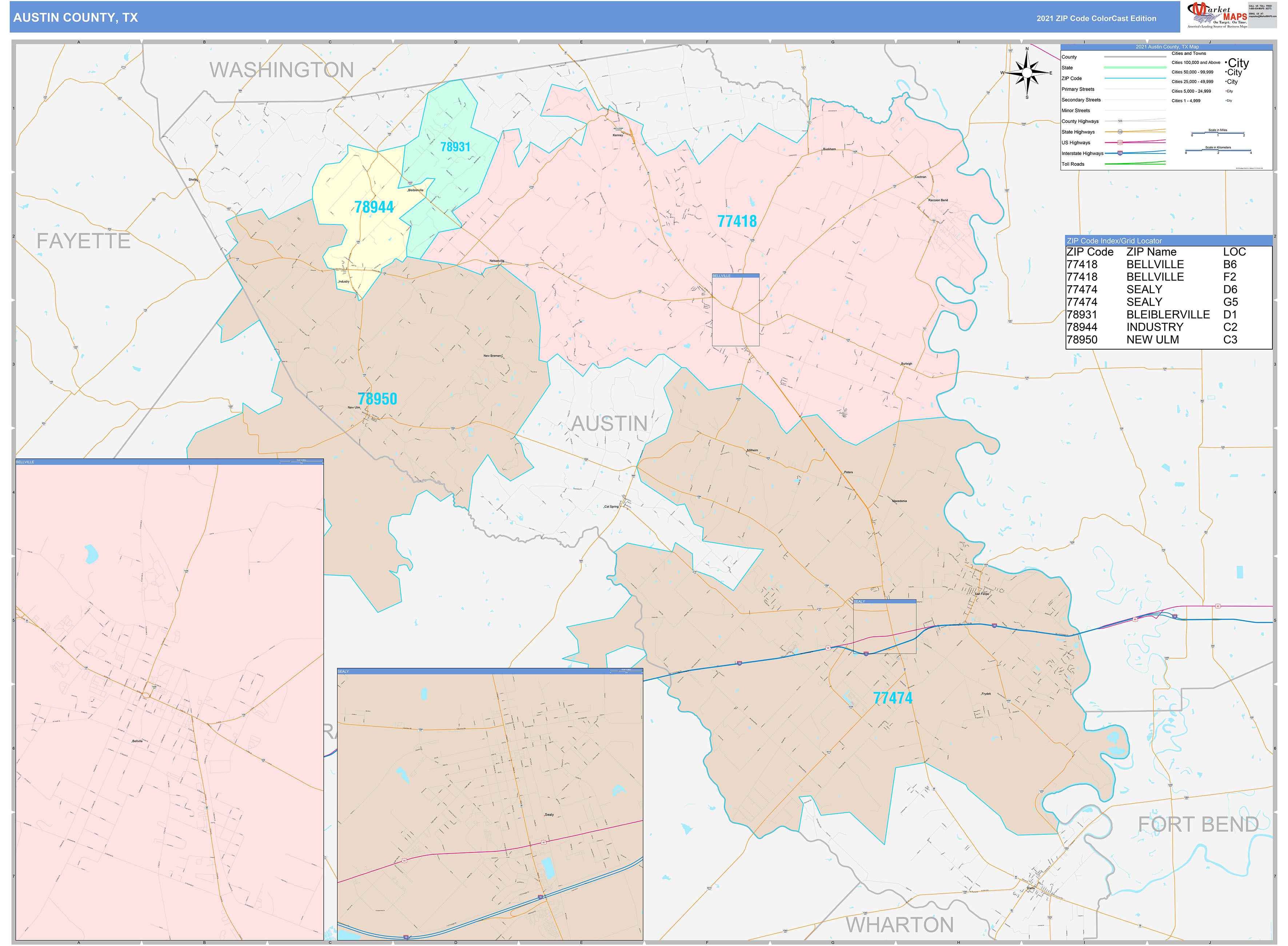Austin county tx wall map color cast style by marketmaps mapsales