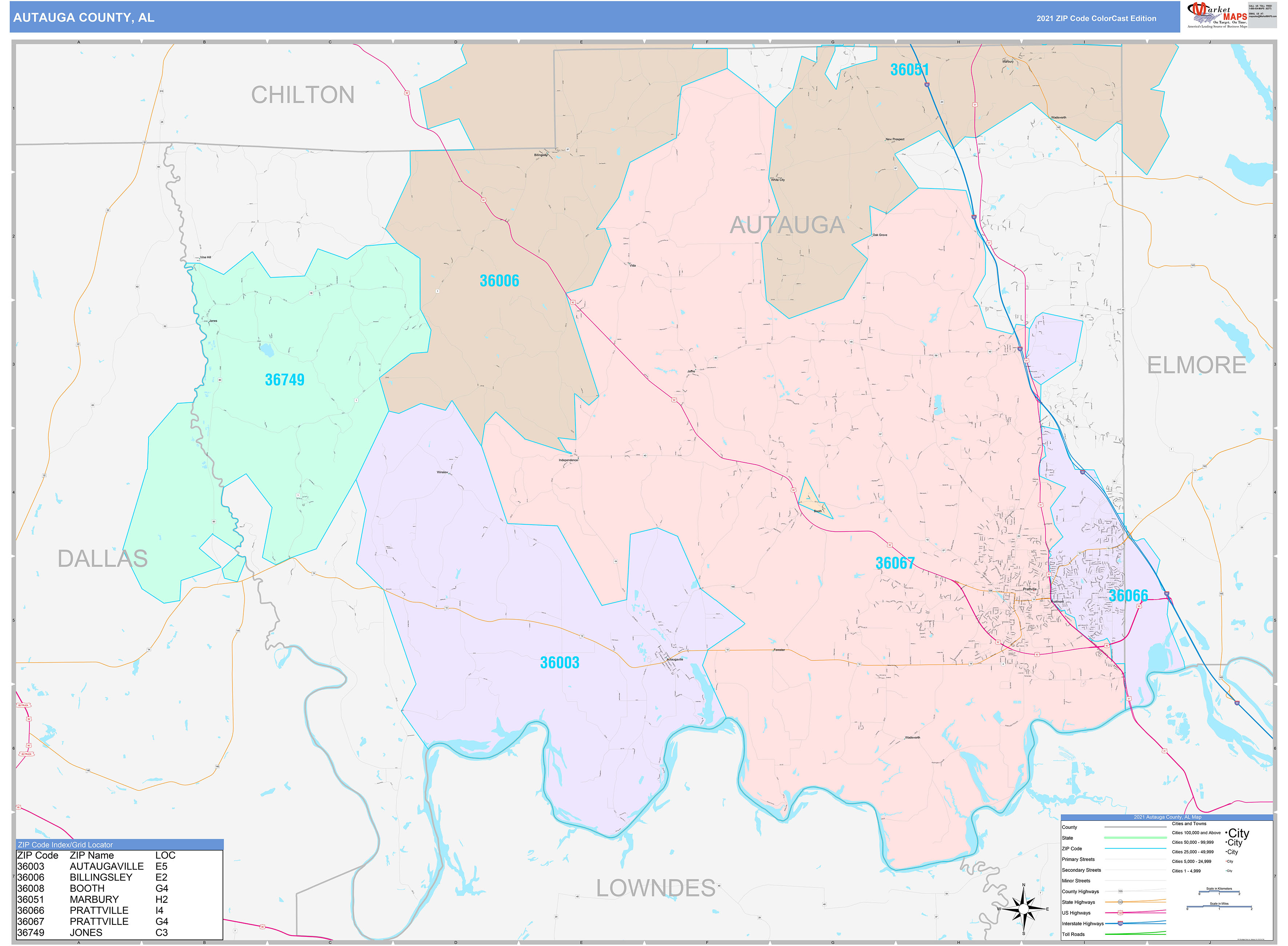 Autauga County, AL Wall Map Color Cast Style by MarketMAPS
