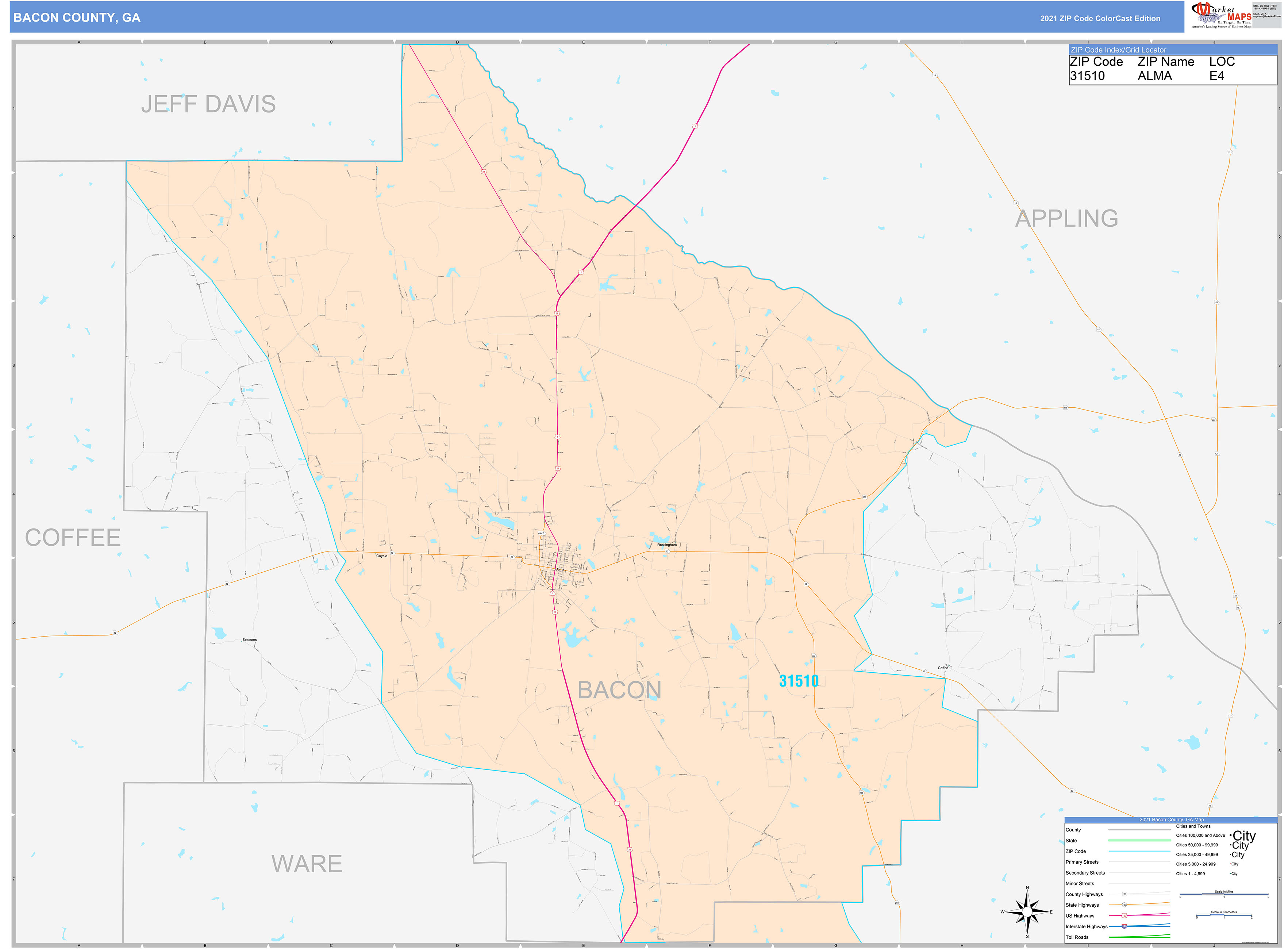 Bacon County, GA Wall Map Color Cast Style by MarketMAPS - MapSales.com
