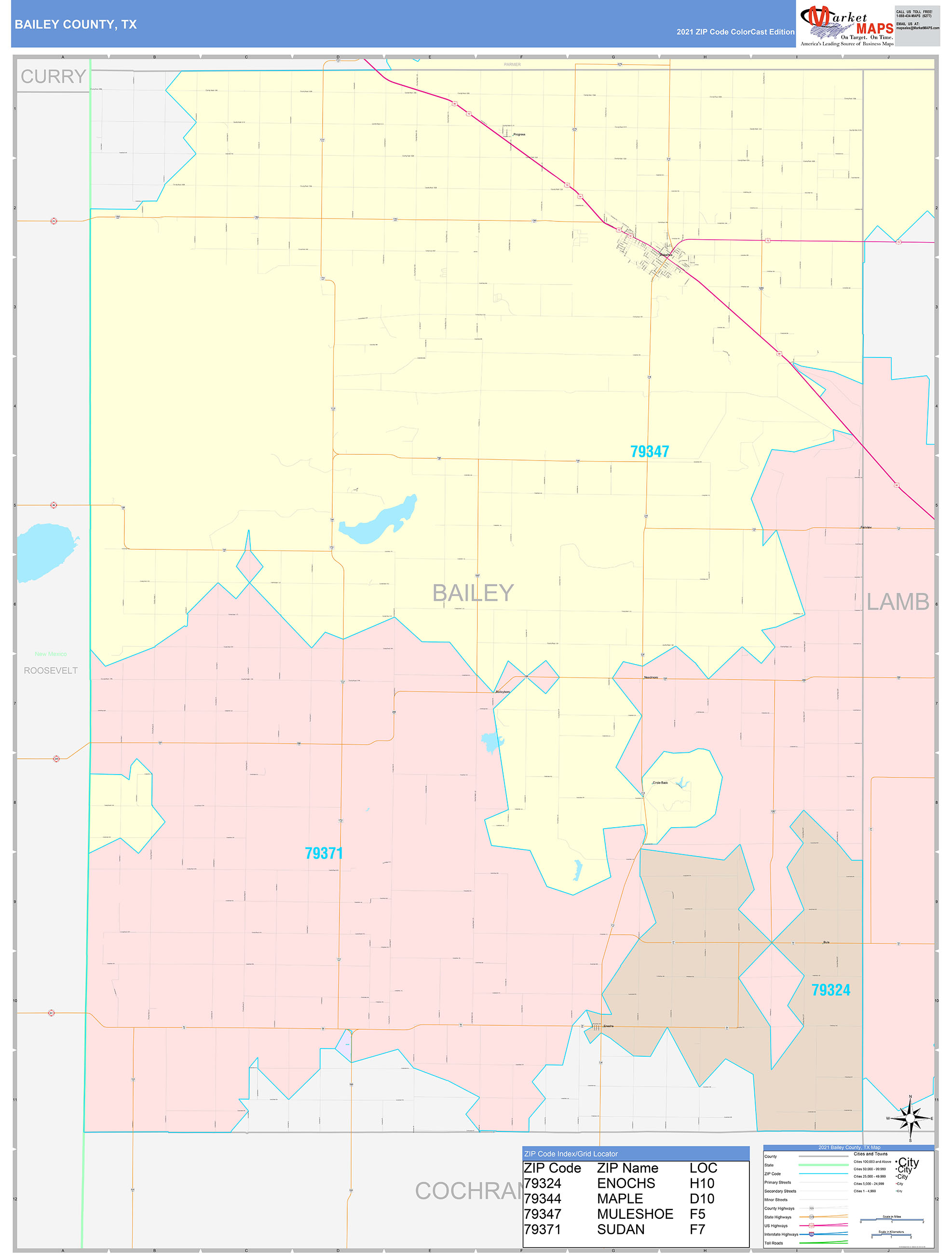 Bailey County, TX Wall Map Color Cast Style by MarketMAPS