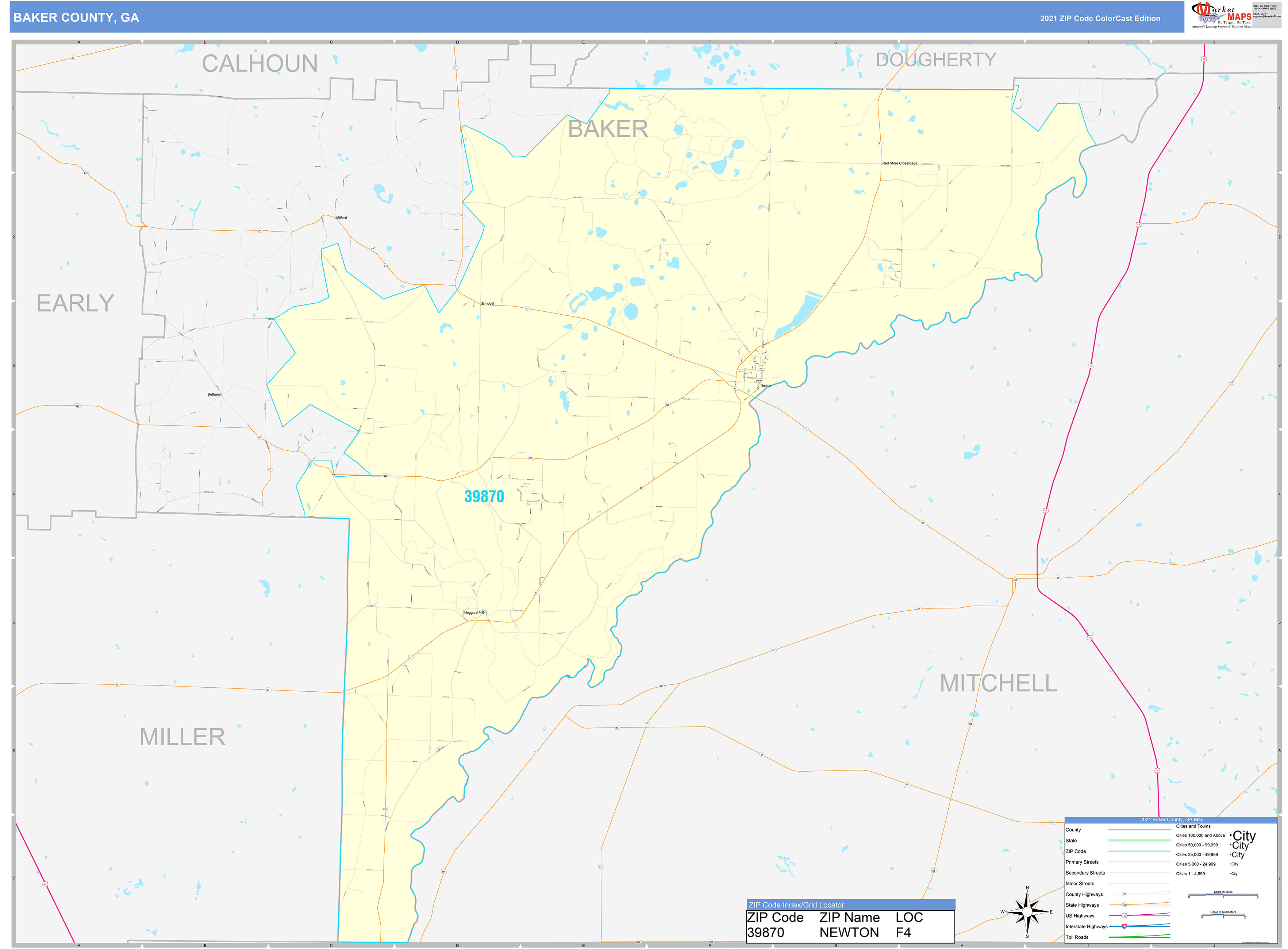 Baker County, GA Wall Map Color Cast Style by MarketMAPS