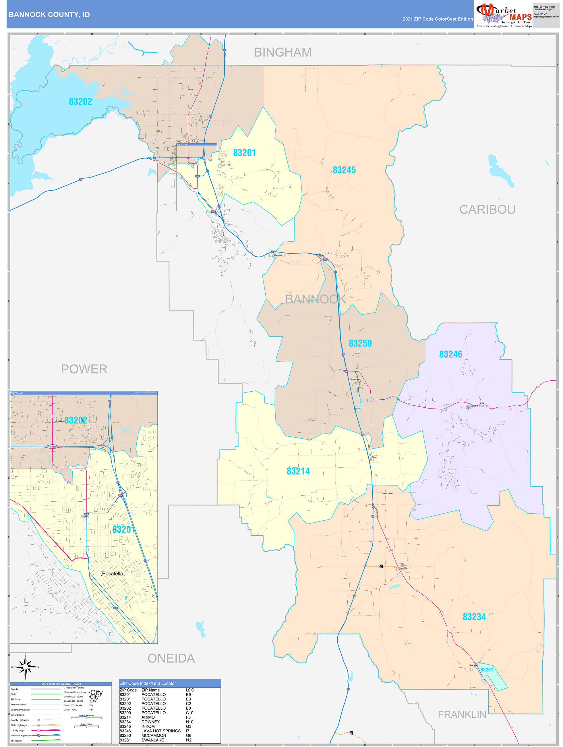 Bannock County, ID Wall Map Color Cast Style by MarketMAPS