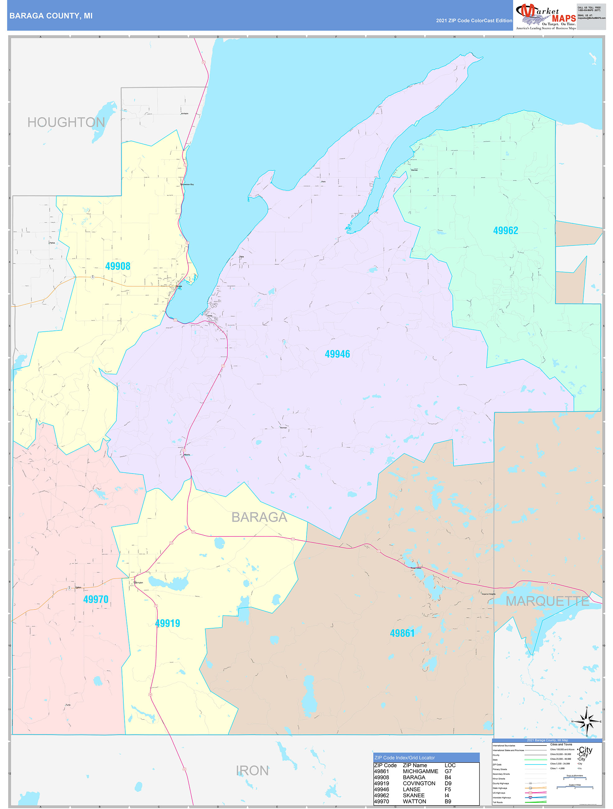 Baraga County, MI Wall Map Color Cast Style by MarketMAPS MapSales
