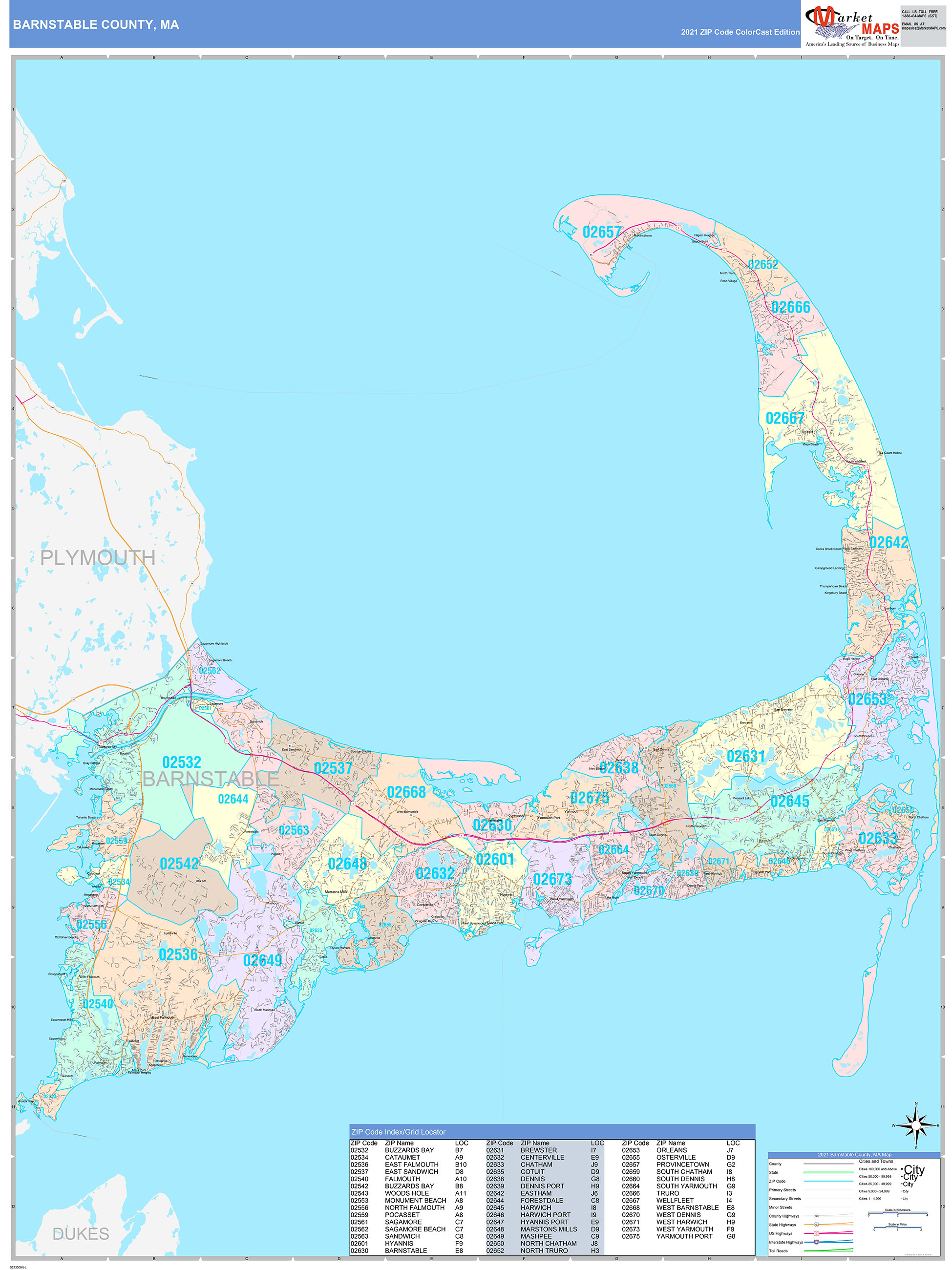 Barnstable County, MA Wall Map Color Cast Style by MarketMAPS MapSales