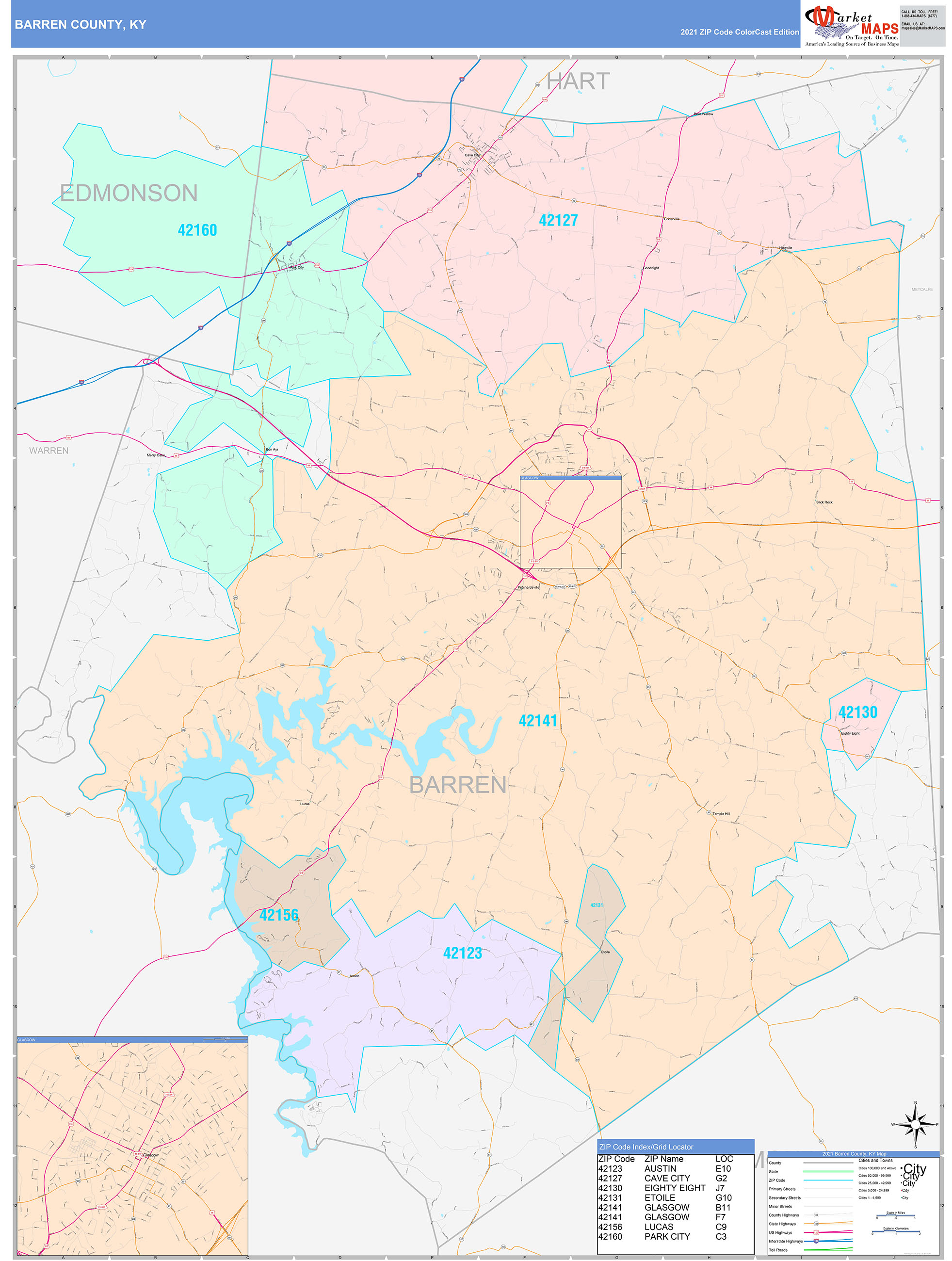 Barren County, KY Wall Map Color Cast Style by MarketMAPS
