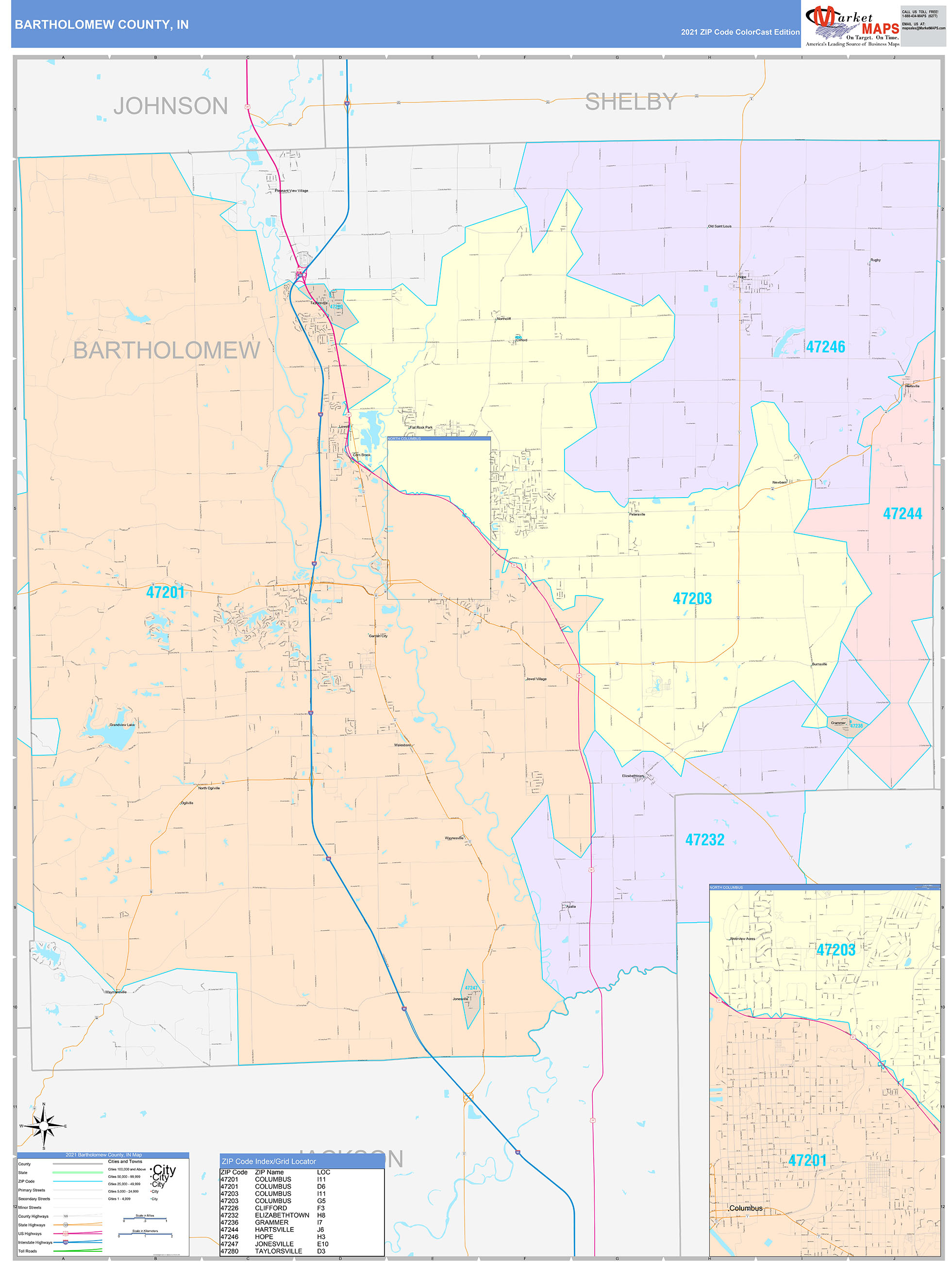 Bartholomew County, IN Wall Map Color Cast Style by MarketMAPS