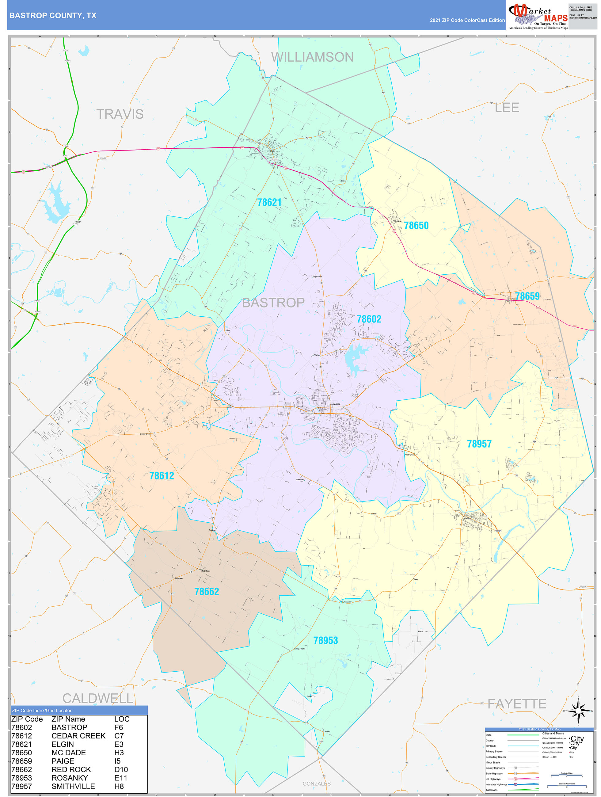 Bastrop County, TX Wall Map Color Cast Style by MarketMAPS