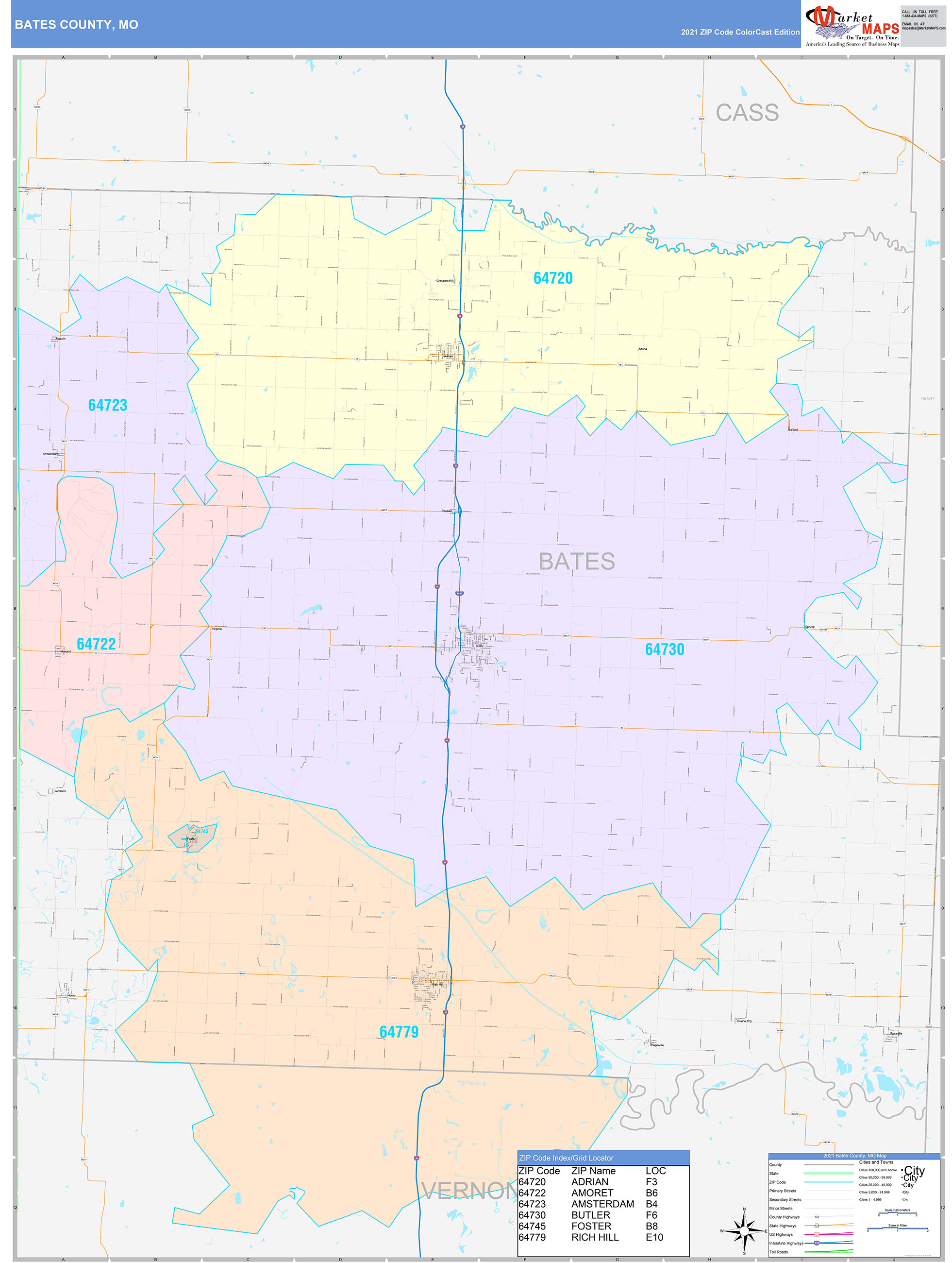 Bates County, MO Wall Map Color Cast Style by MarketMAPS