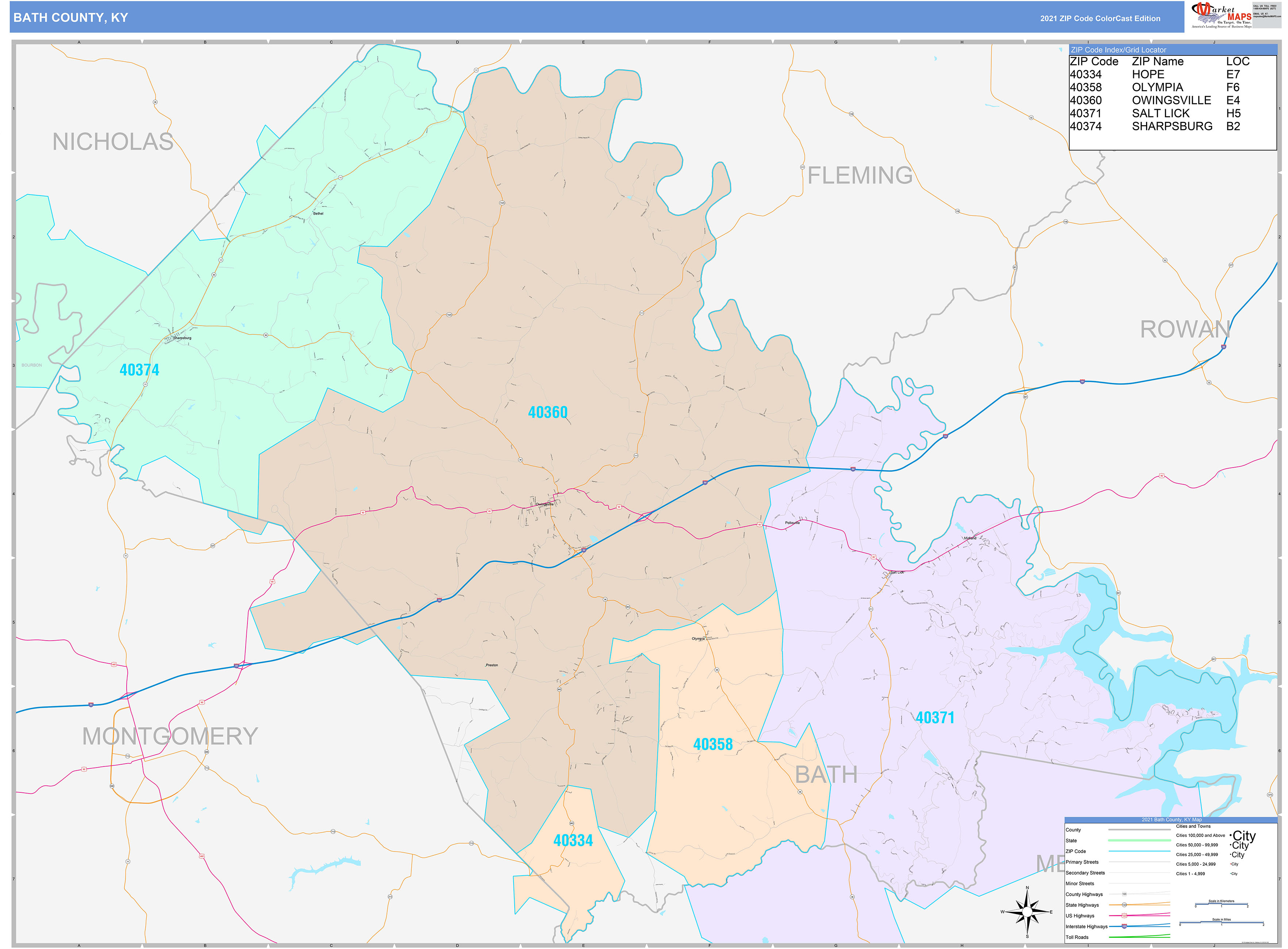 Bath County, KY Wall Map Color Cast Style by MarketMAPS MapSales