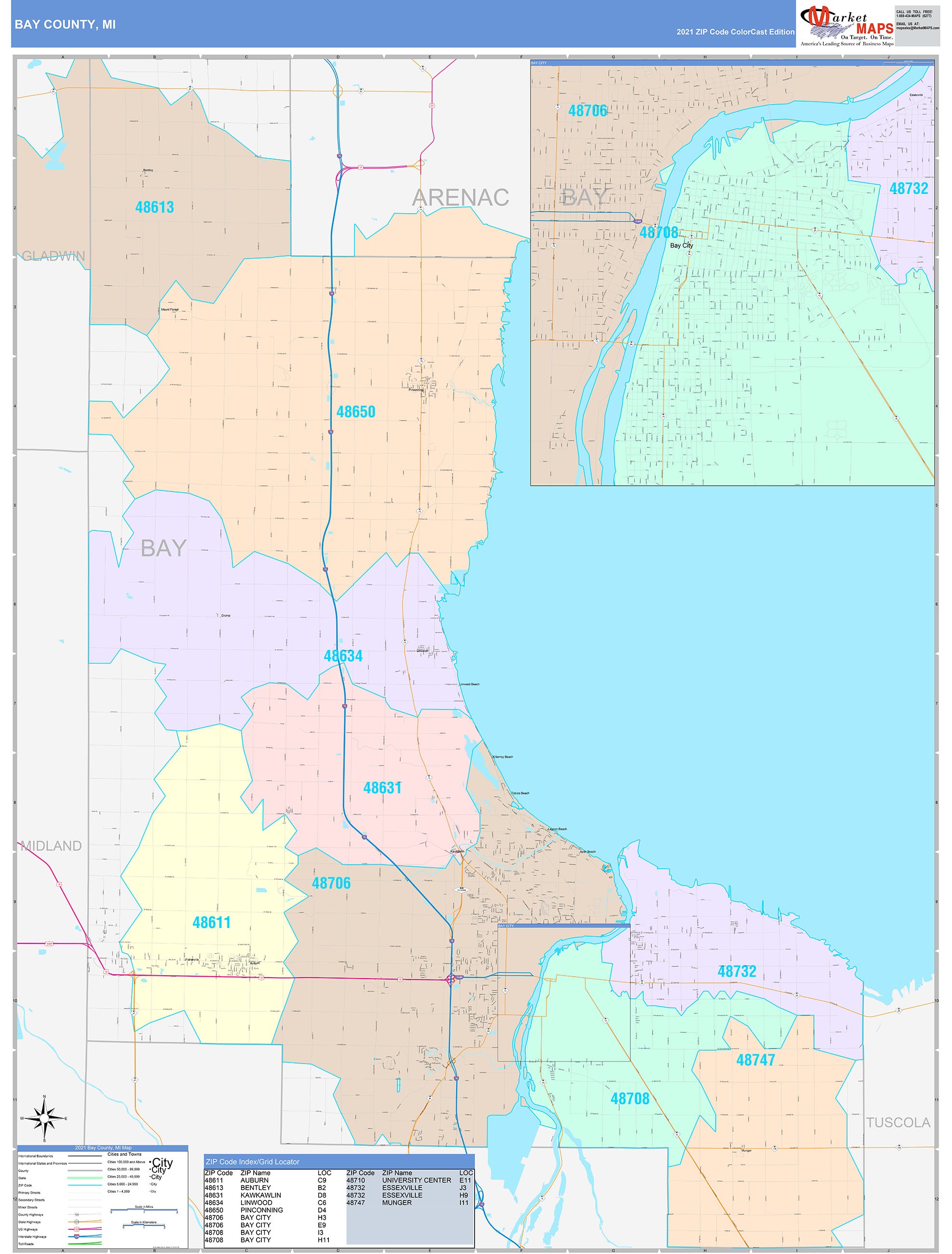 Bay County, MI Wall Map Color Cast Style by MarketMAPS