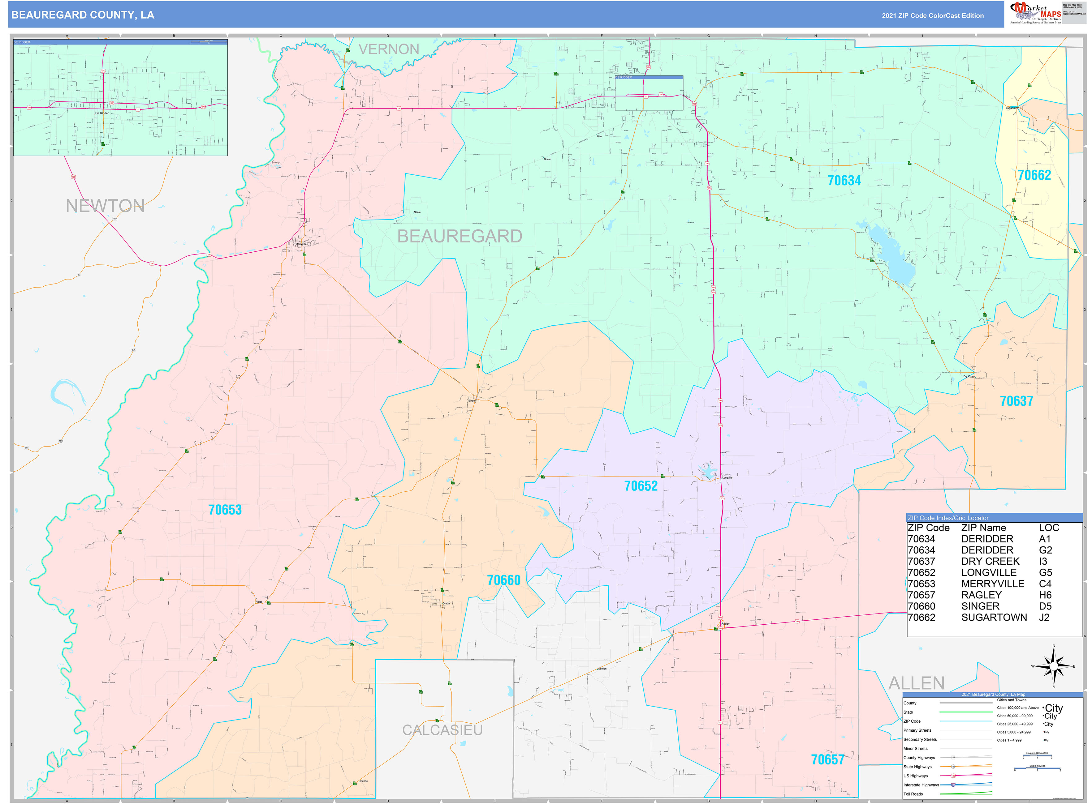 Beauregard County, LA Wall Map Color Cast Style by MarketMAPS