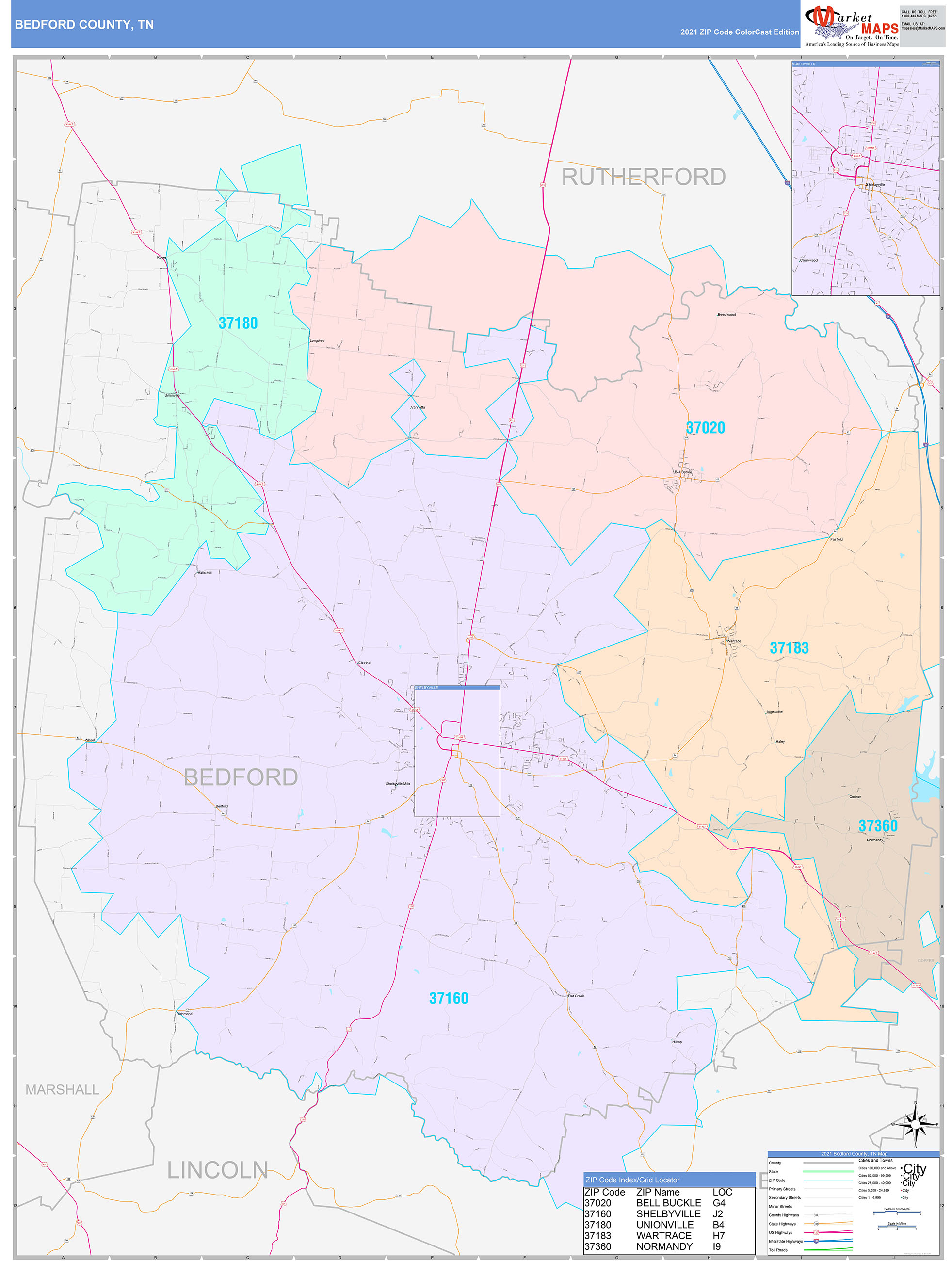 Bedford County, TN Wall Map Color Cast Style by MarketMAPS