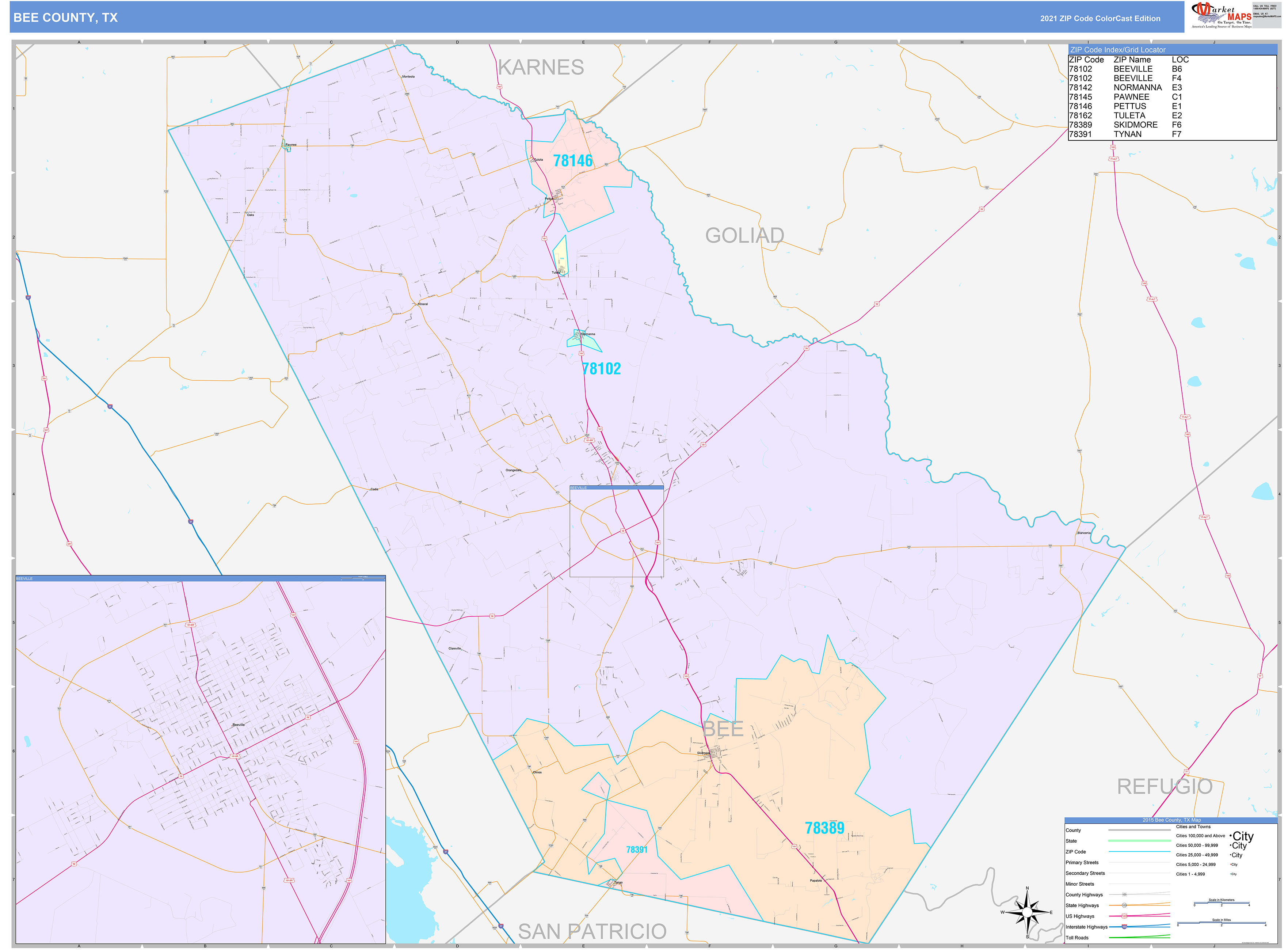 Bee County, TX Wall Map Color Cast Style by MarketMAPS MapSales