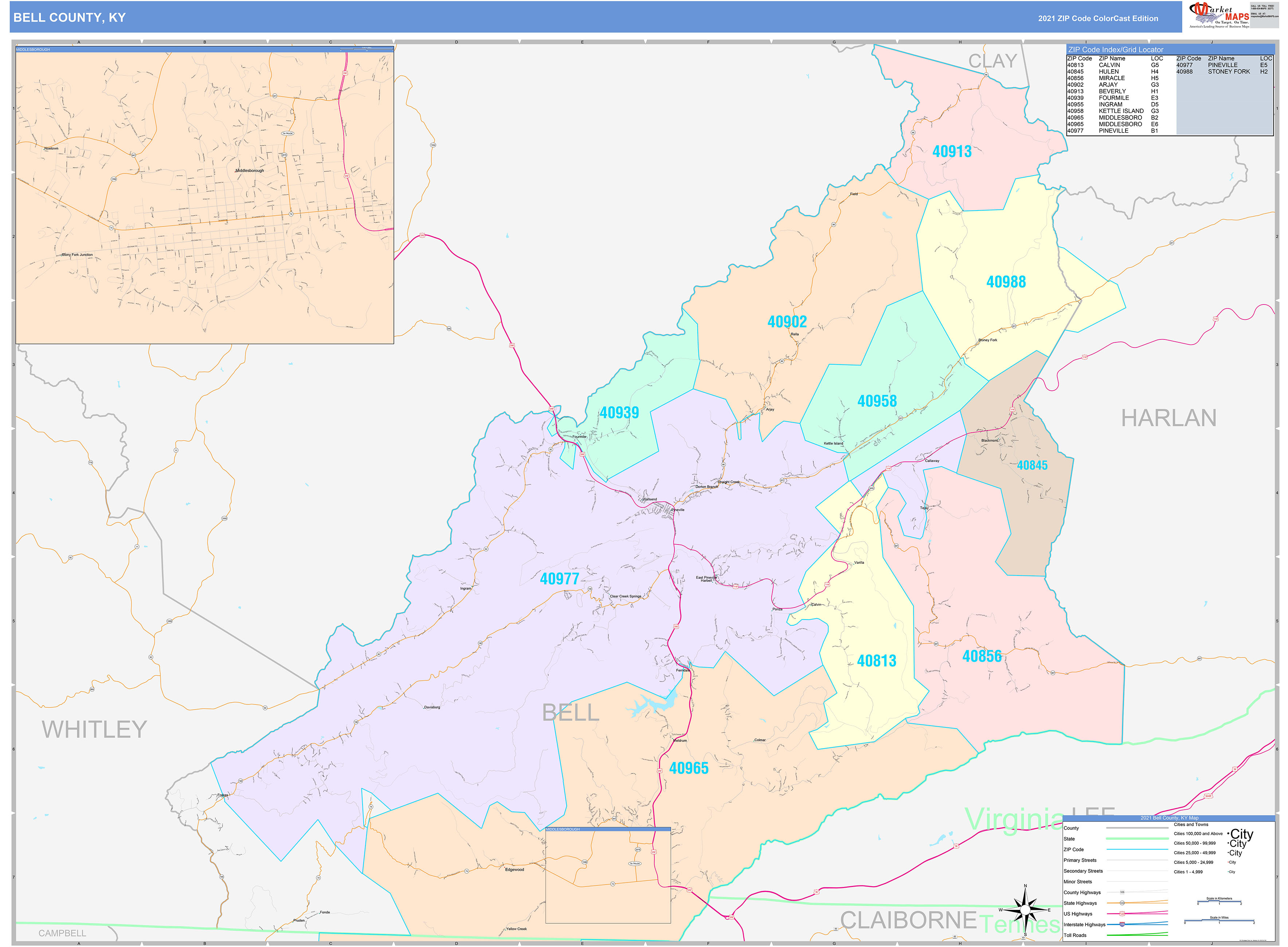 Bell County, KY Wall Map Color Cast Style by MarketMAPS