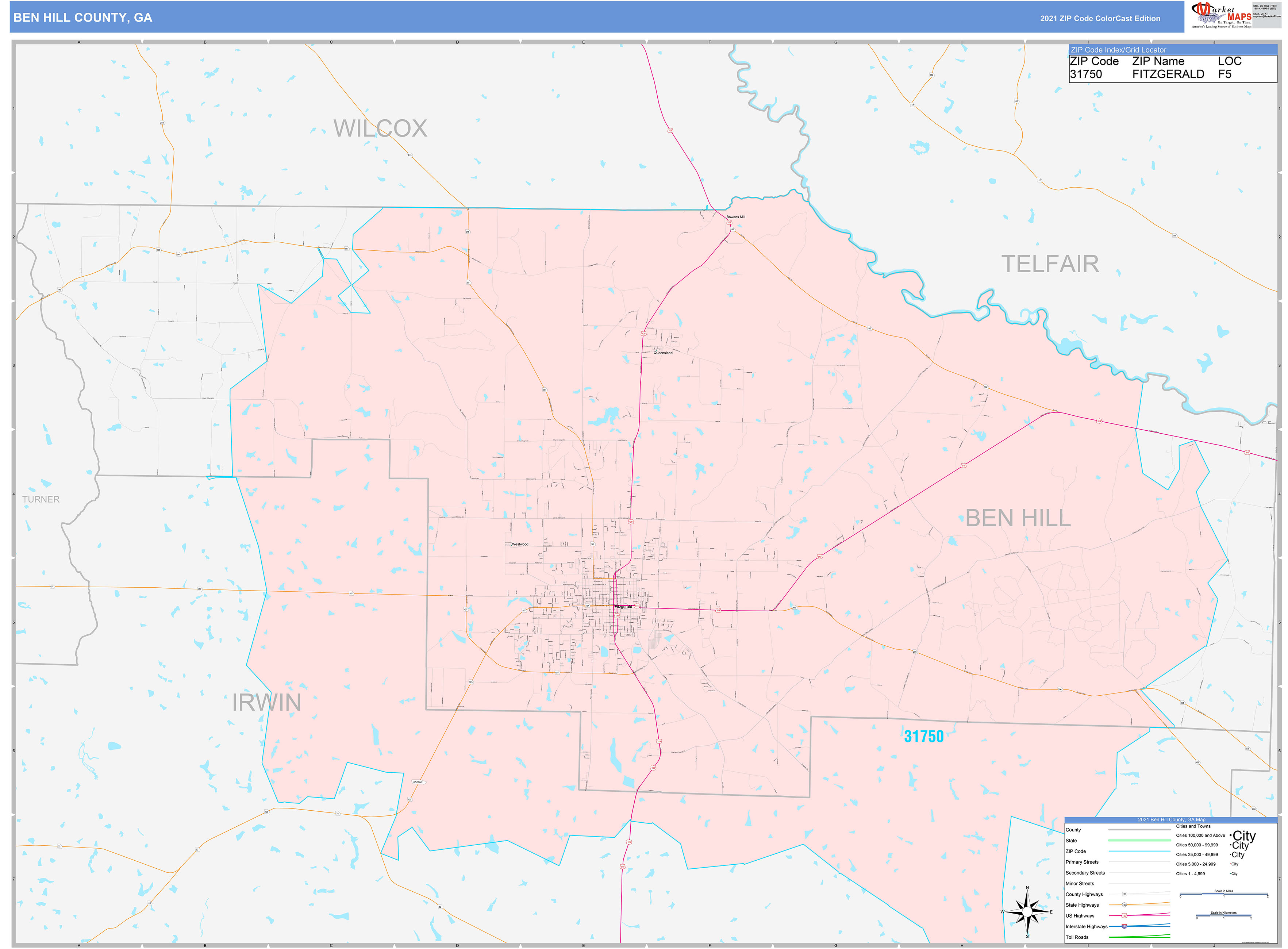 Ben Hill County, GA Wall Map Color Cast Style by MarketMAPS MapSales